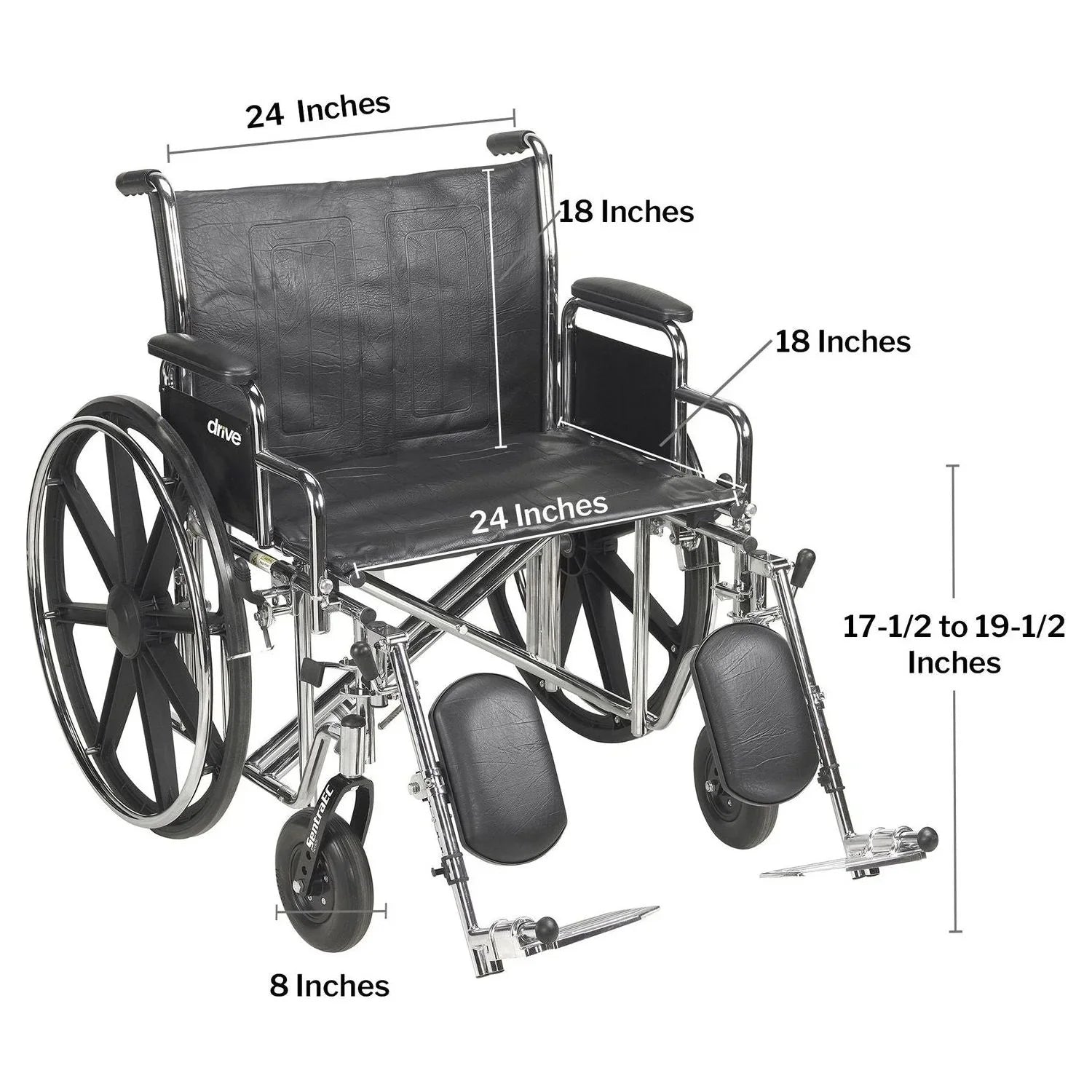 Heavy-duty bariatric wheelchair with black seat and labeled dimensions for seat width and height.