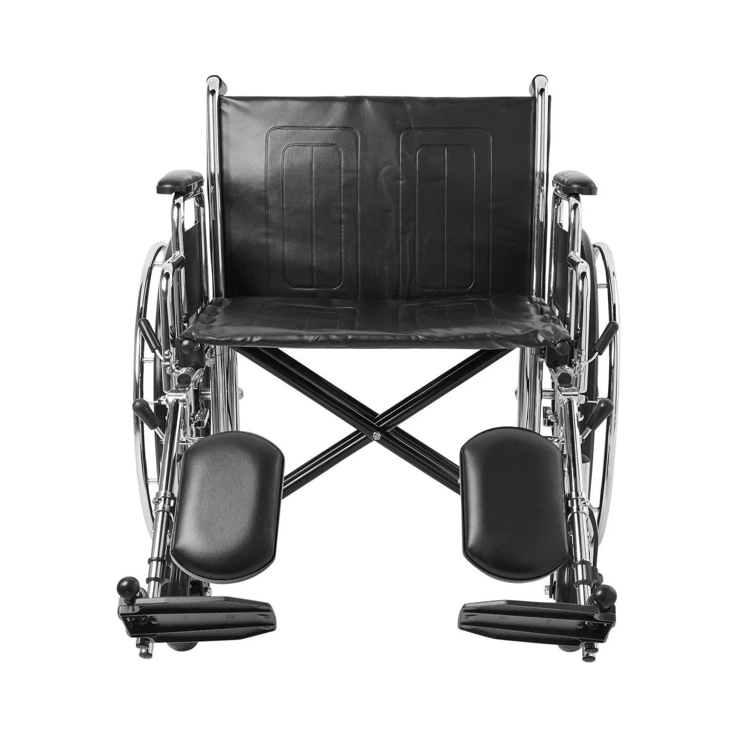 Bariatric wheelchair with wide black seat, chrome frame, and elevated leg rests