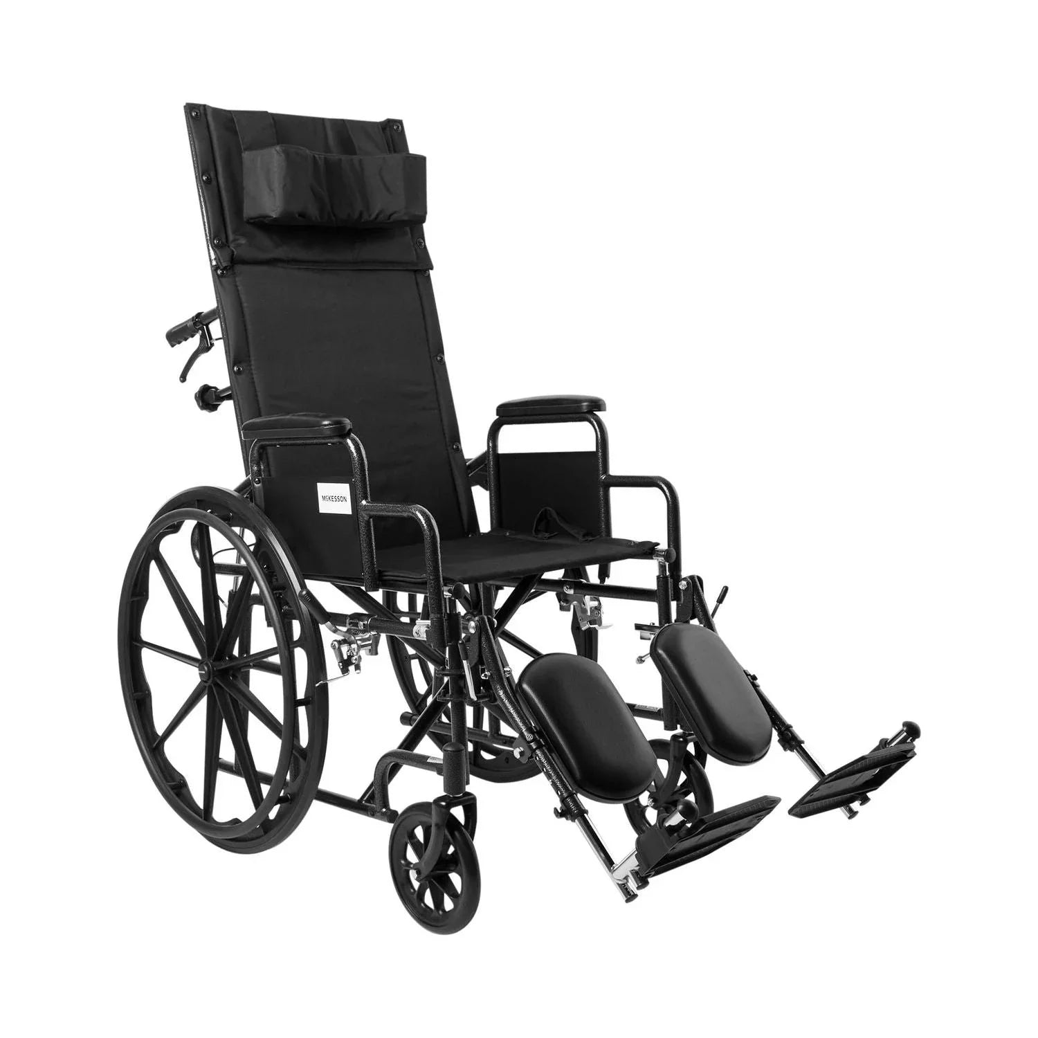 Reclining wheelchair with elevated leg rests and padded head support for mobility aid