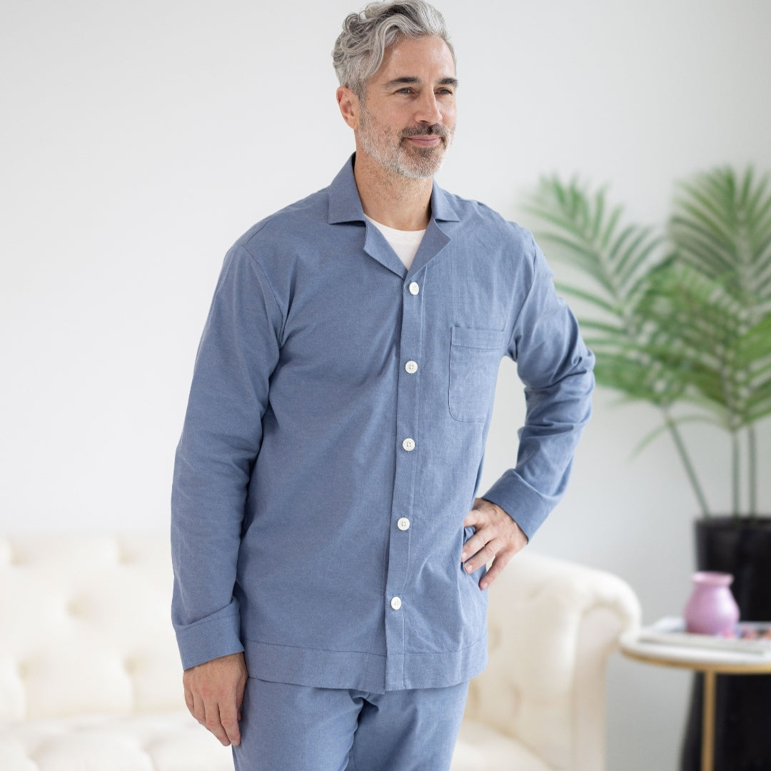 Long Sleeve Blue Brushed Flannel Pajama Top with Magnetic Closures