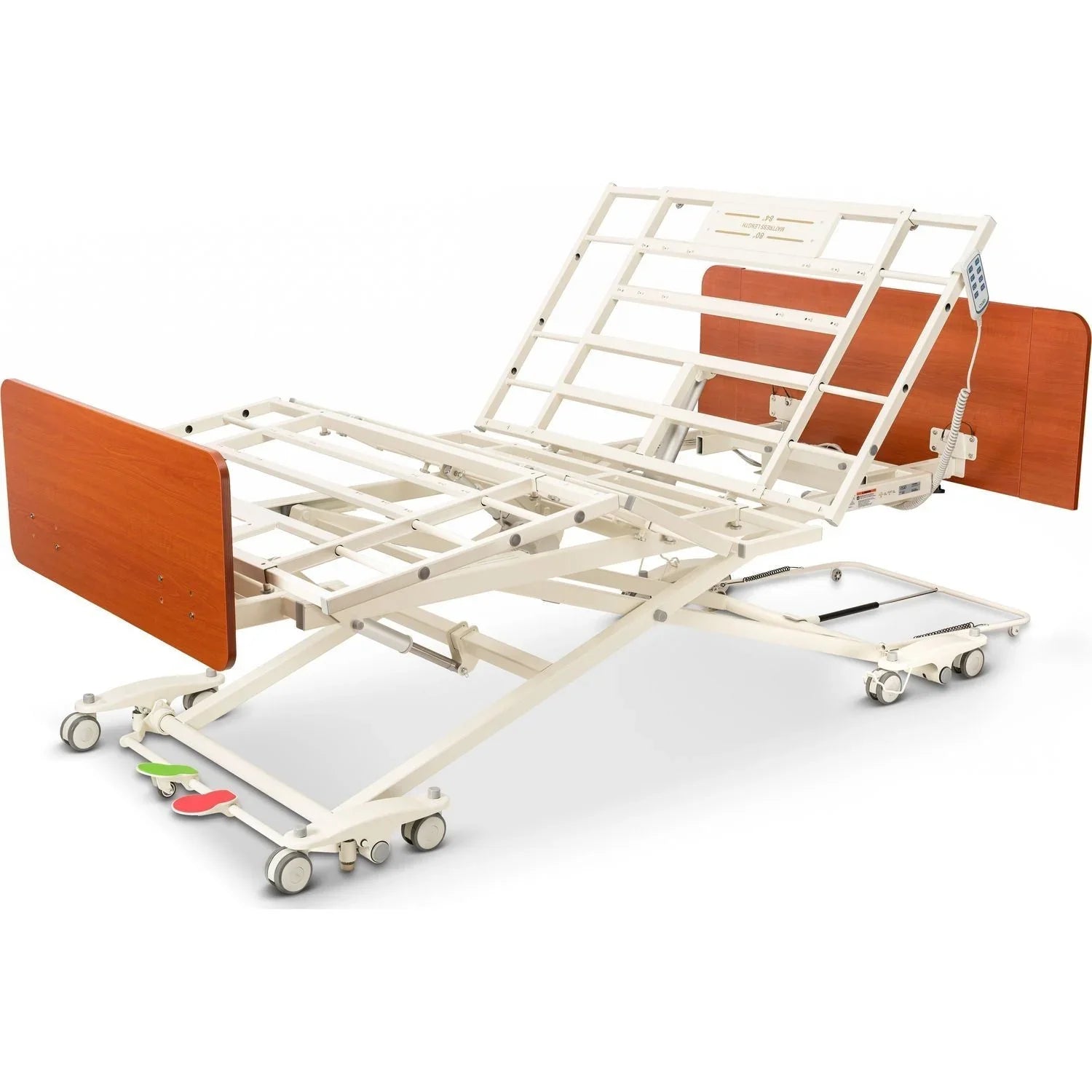Adjustable medical bed with wheels, wooden panels, metal frame, and remote control