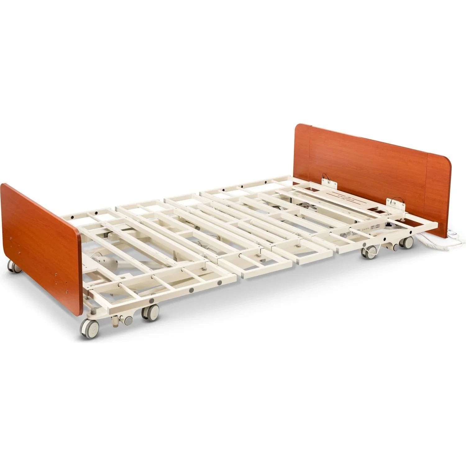 Adjustable medical bed frame with caster wheels and wooden headboards for mobility support