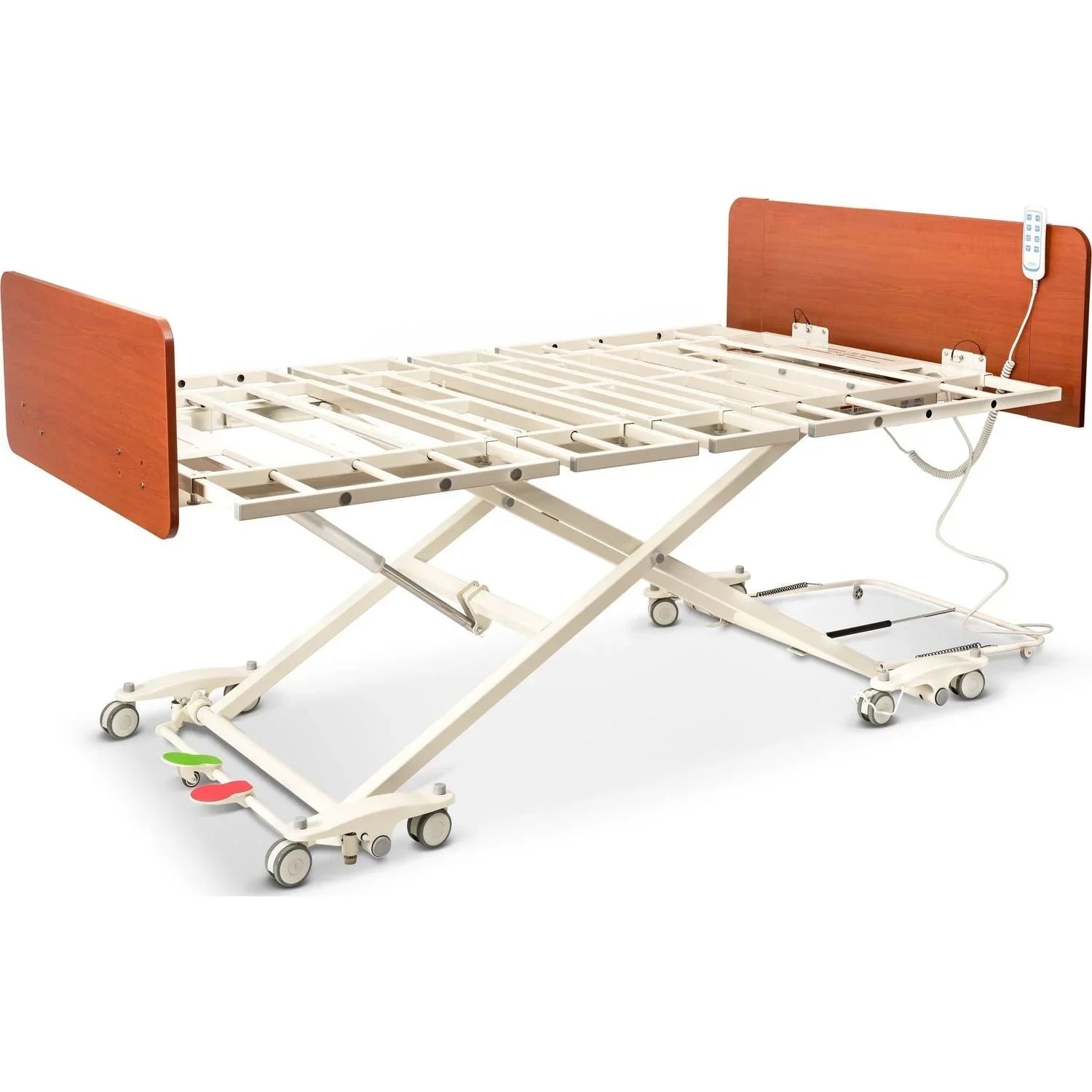 Adjustable medical bed frame with wheels and remote for home care or assisted living