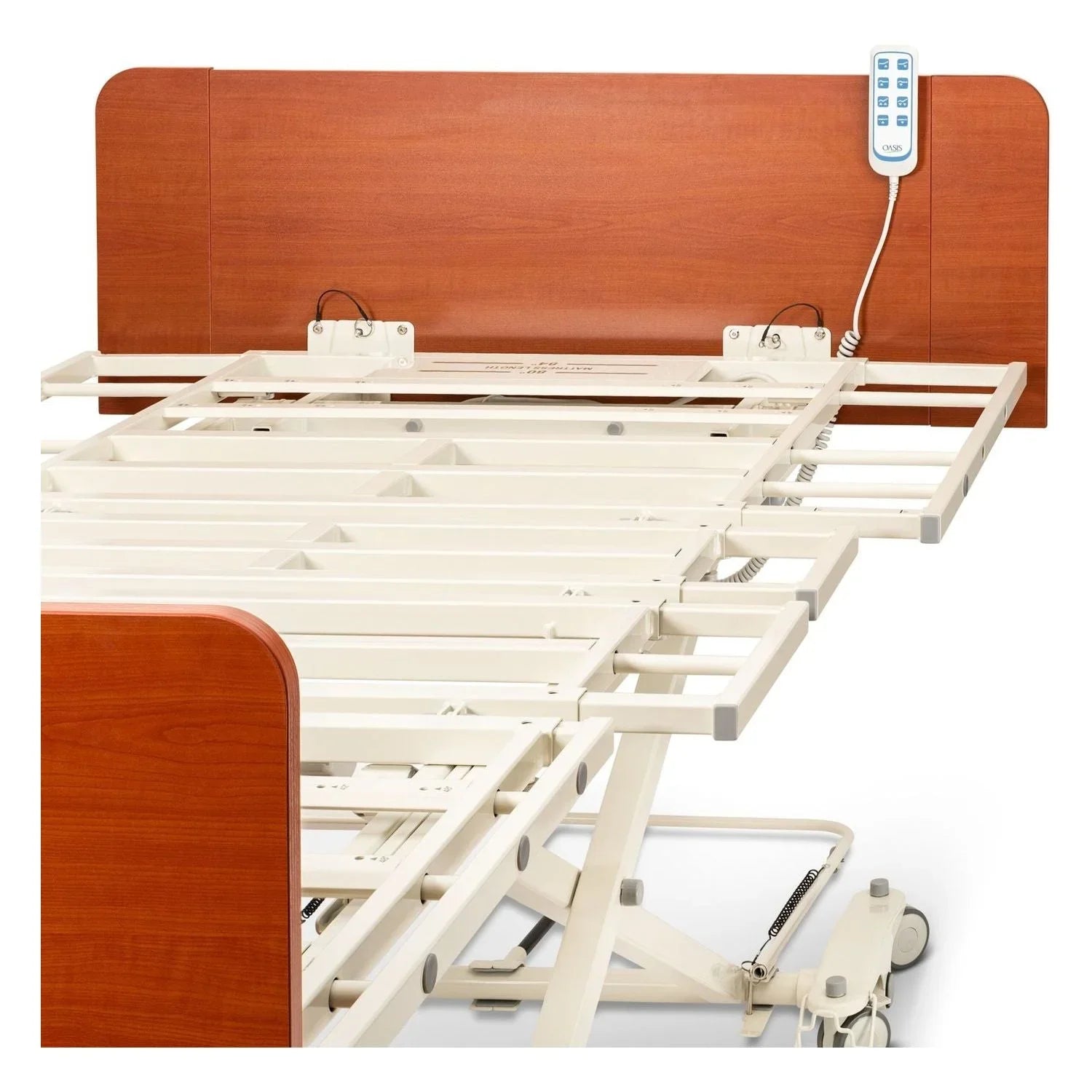 Adjustable medical bed frame with wooden headboard, electric remote, and caster wheels.
