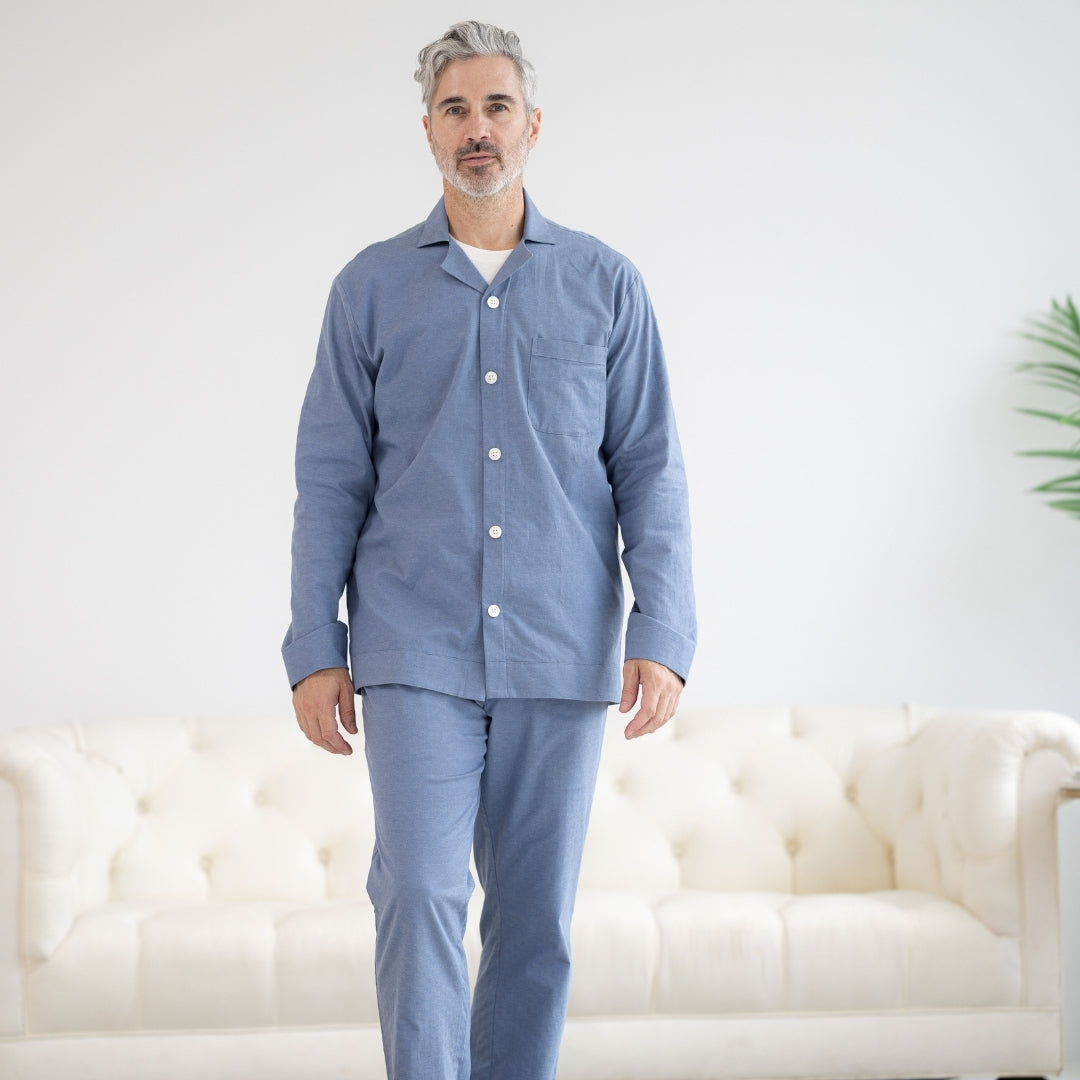 Long Sleeve Blue Brushed Flannel Pajama Top with Magnetic Closures