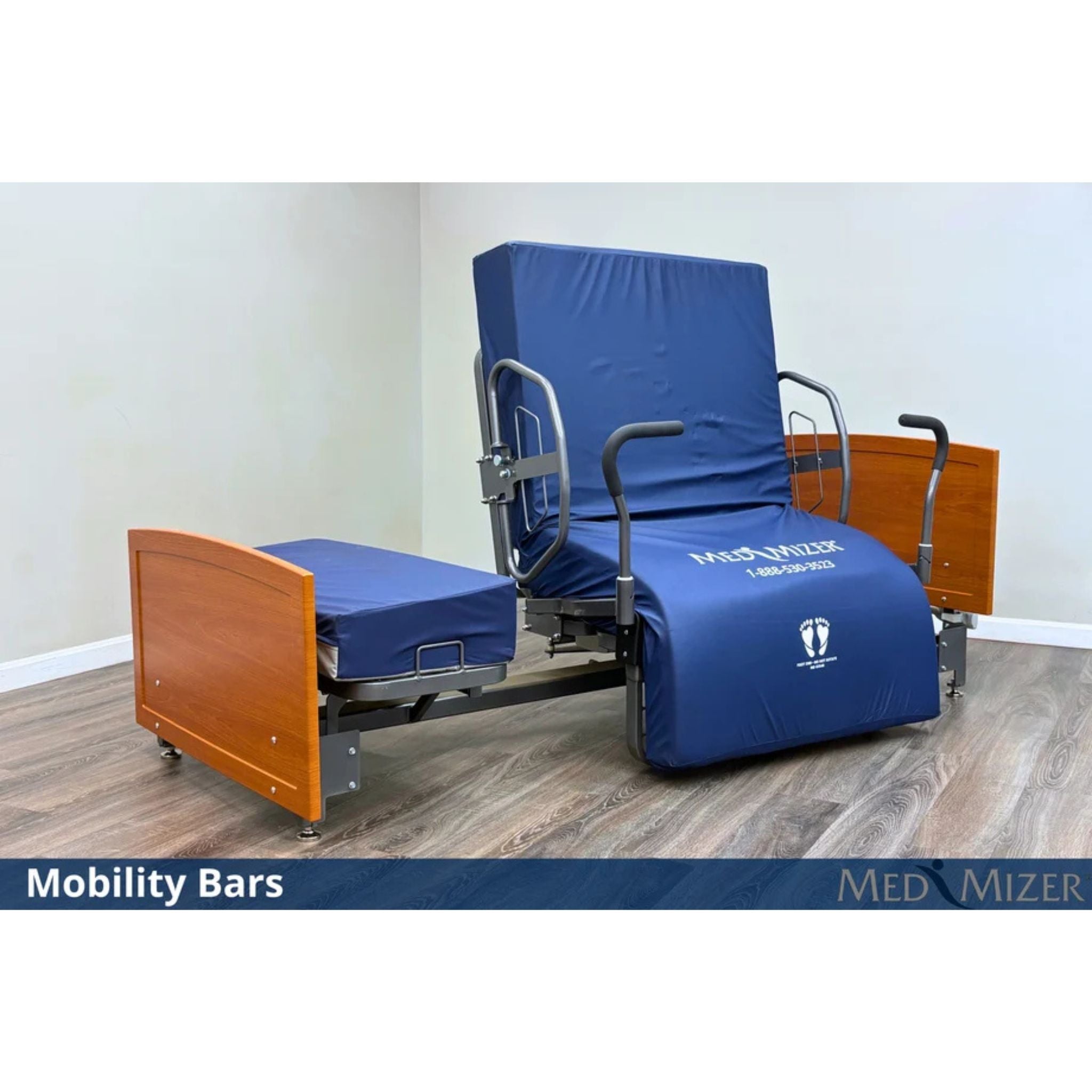 ActiveCare Fixed rotating bed in SafeTurn chair position with padded mobility bars for supported standing transfers