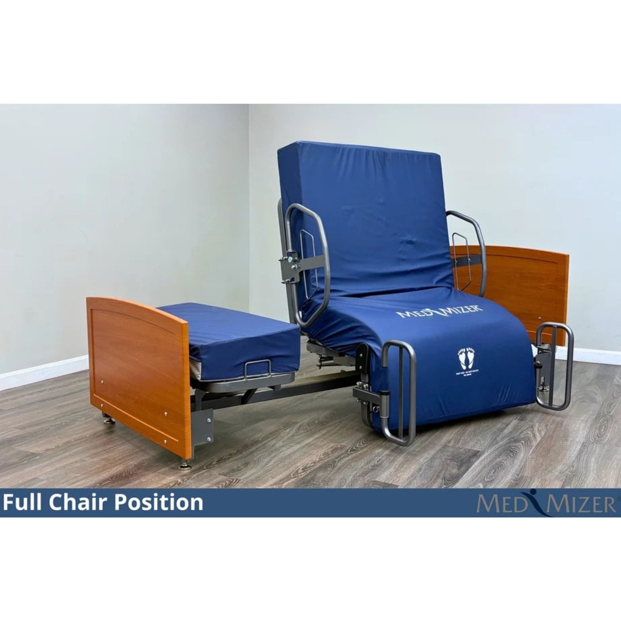 Med-Mizer ActiveCare rotating bed fully rotated into the full chair position with side rails