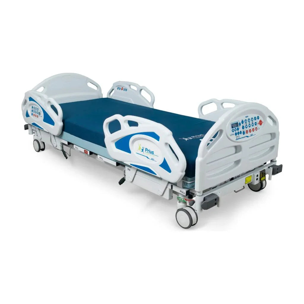 Adjustable medical bed with side rails and blue mattress for patient mobility support