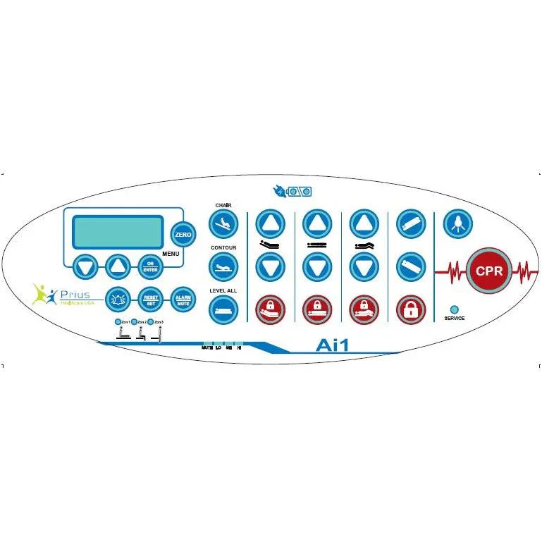 Medical bed control panel with display screen, blue buttons, CPR emergency button, and settings icons.