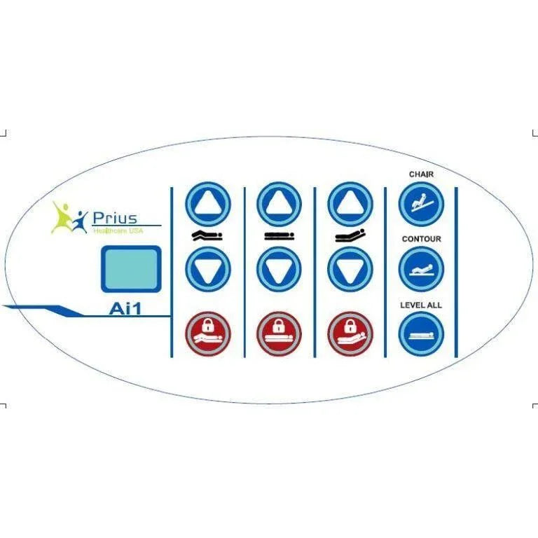 Overlay control panel for medical adjustable bed with blue and red buttons, Prius Healthcare logo.