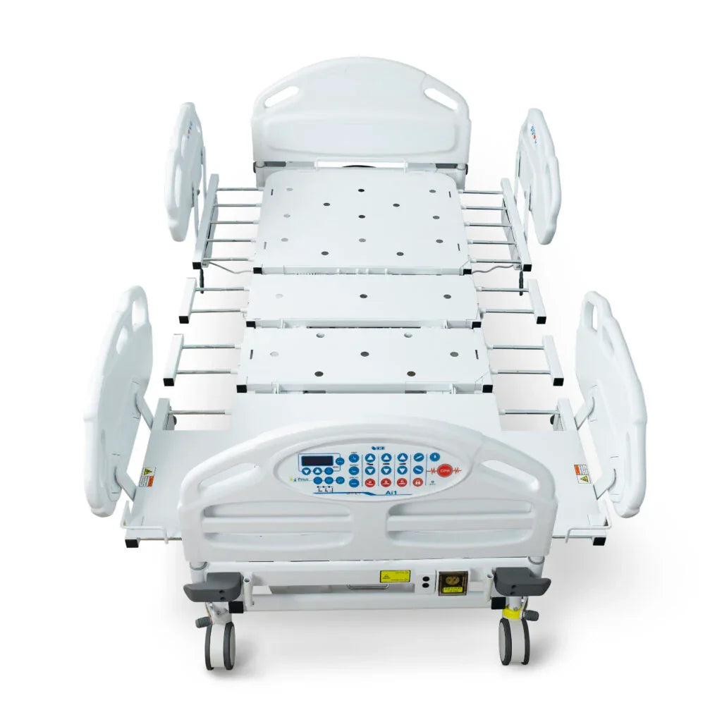 Adjustable electric hospital bed frame with side rails and control panel for elderly care