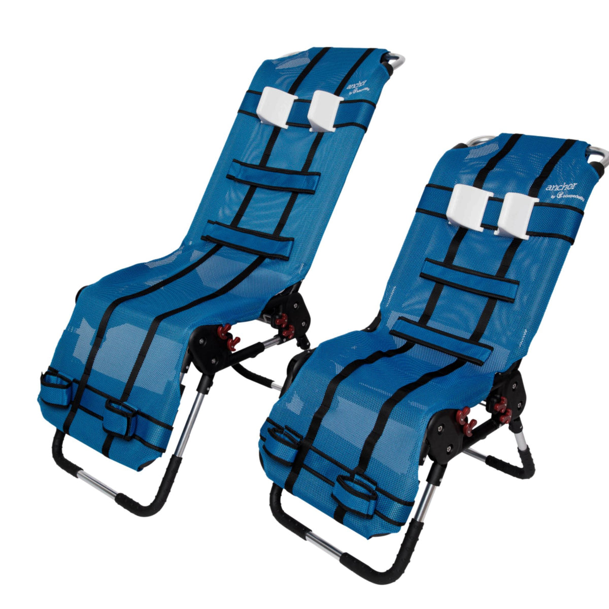 Anchor bath chair adjusted to a fully flat, lie-down position for bathing or changing, with the seat and backrest level on a low aluminum frame.