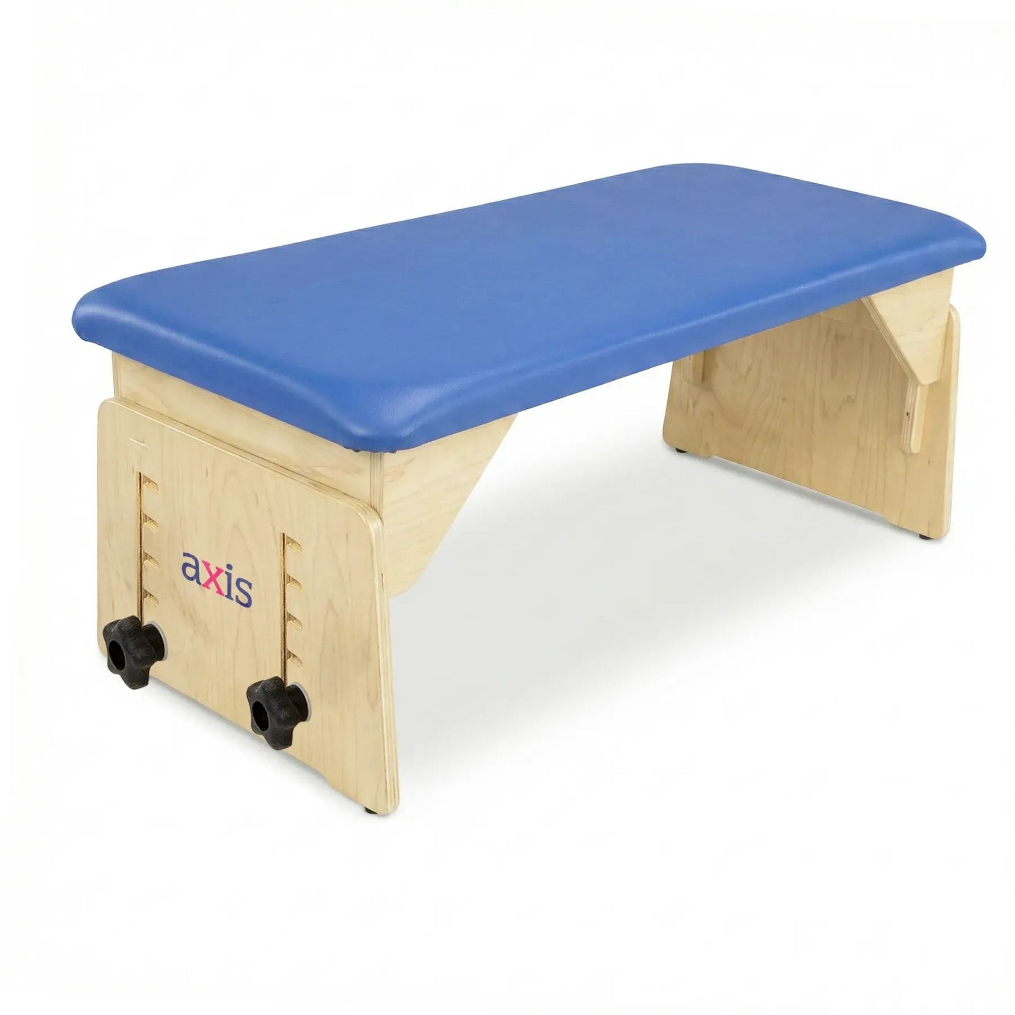 Medium Circle Specialty Axis therapy bench with blue cushioned seat, birch wood frame, and adjustable height knobs