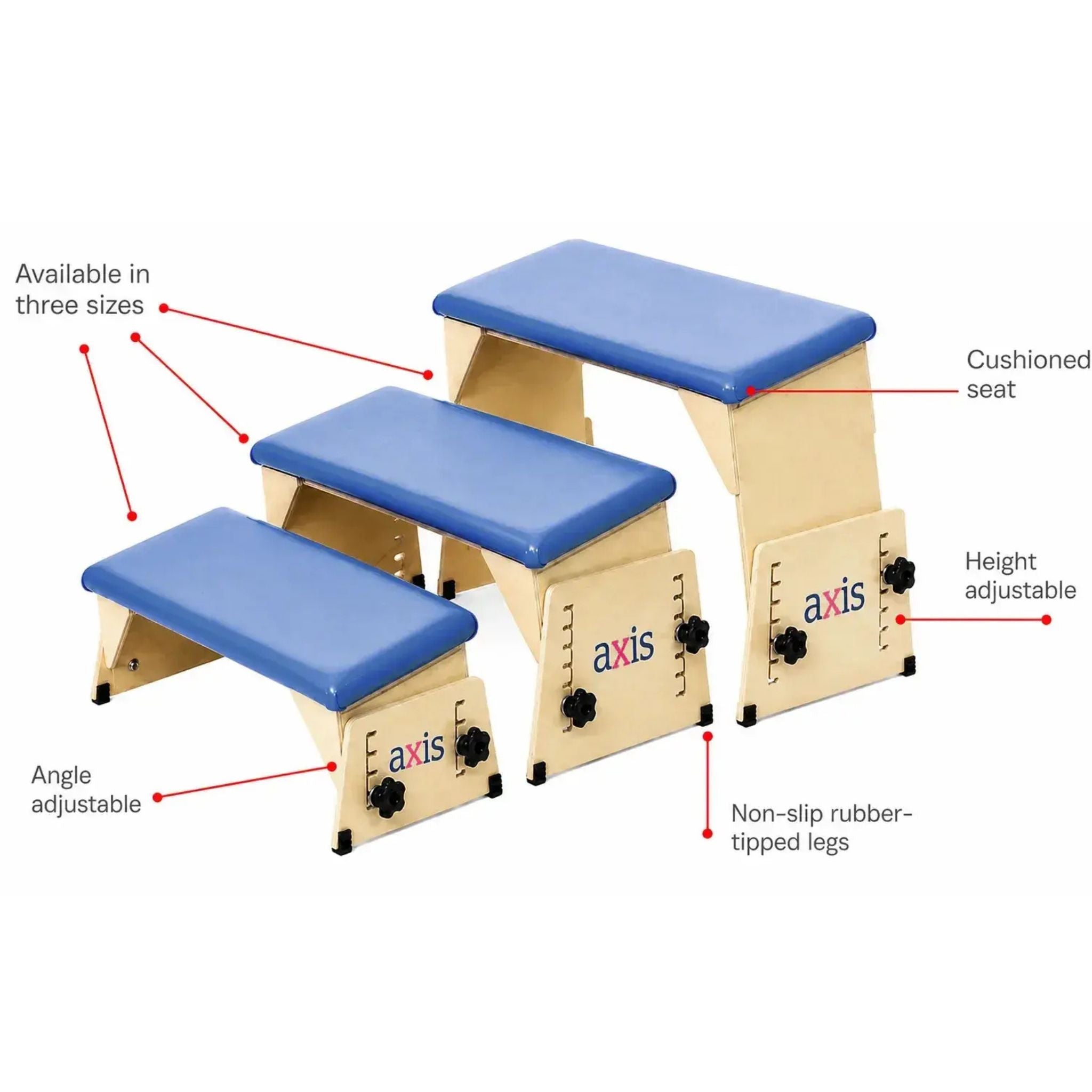 Diagram of Axis therapy bench features including three sizes, height and angle adjustment, cushioned seat, and non-slip rubber-tipped legs