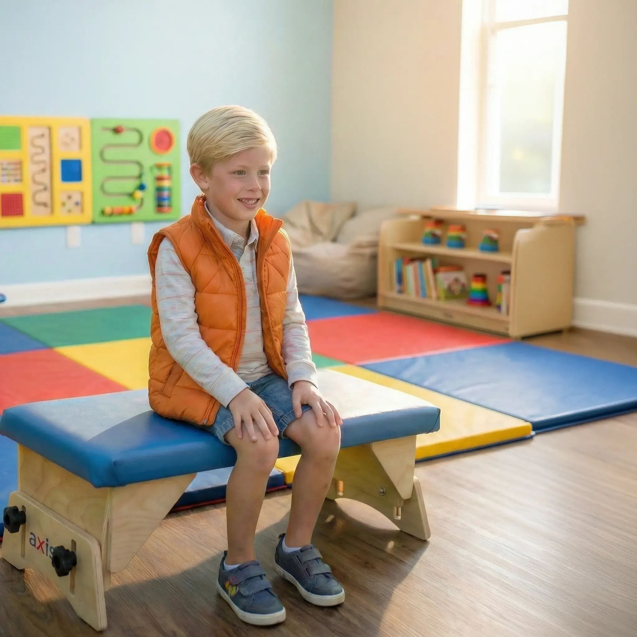 oung boy sitting upright on blue Axis pediatric therapy bench in a sensory classroom with activity mats