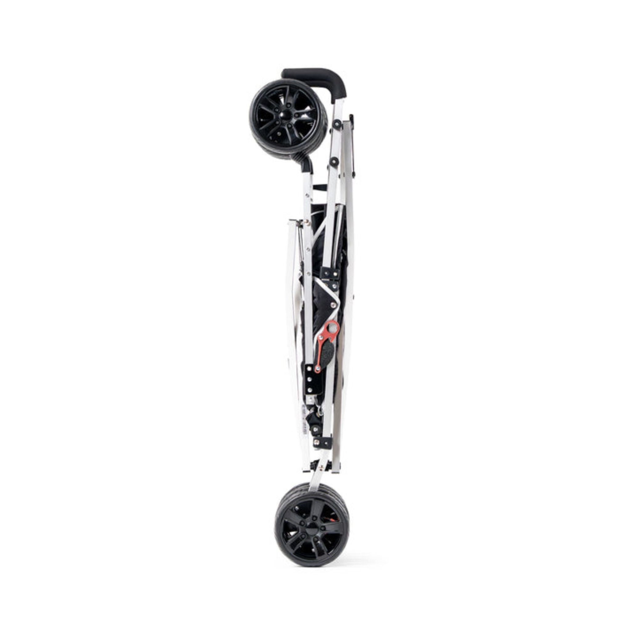 Black Coche special needs stroller folded flat and compact for easy storage and transport