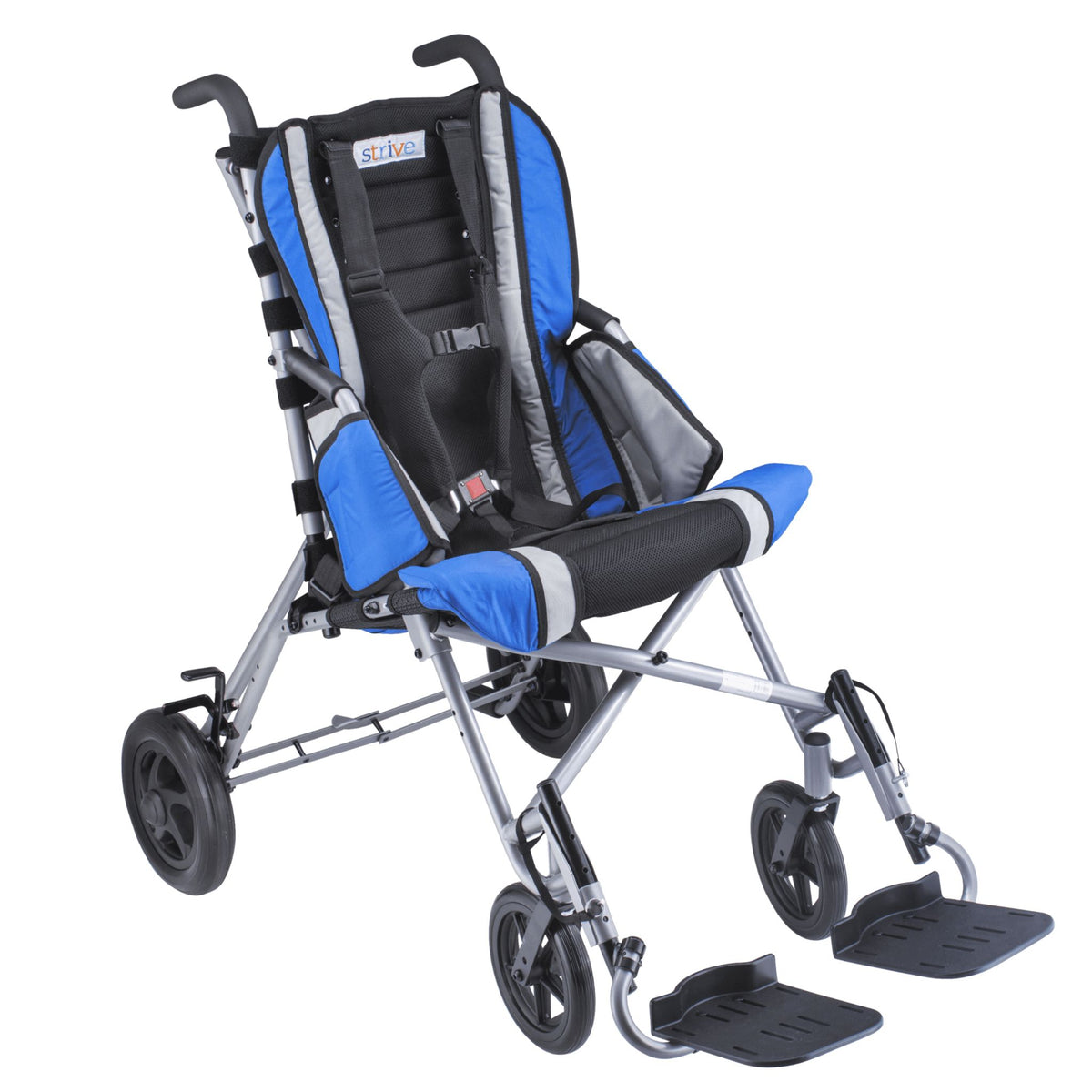 Blue Circle Specialty Strive adaptive stroller with 5-point harness, side supports, twin push handles, and swing-away footrests