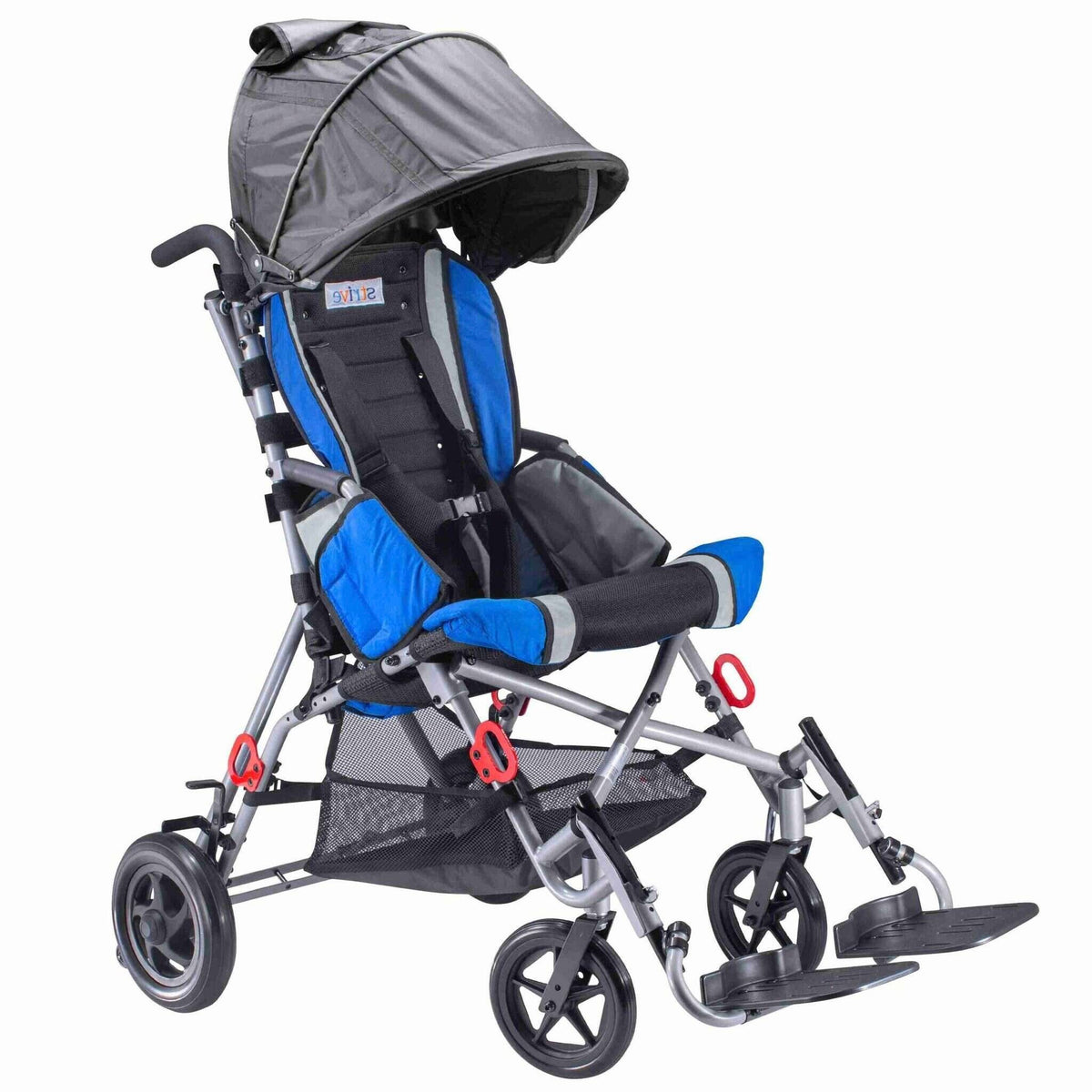 Blue Circle Specialty Strive adaptive stroller shown with optional canopy, under-seat basket, and red transit tie-down brackets