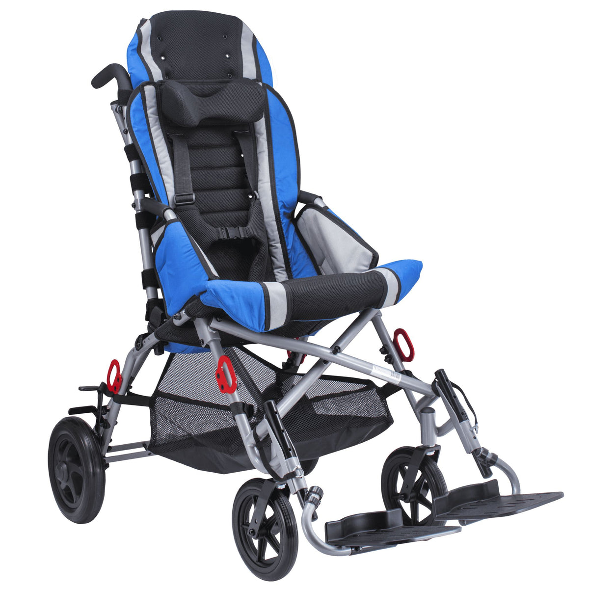 Blue Circle Specialty Strive adaptive stroller shown with optional winged headrest, headrest extension, basket, and transit brackets