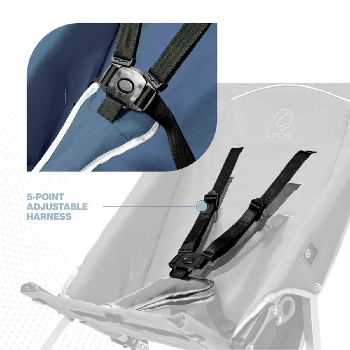 Close-up of the 5-point adjustable safety harness on a blue Coche special needs stroller seat