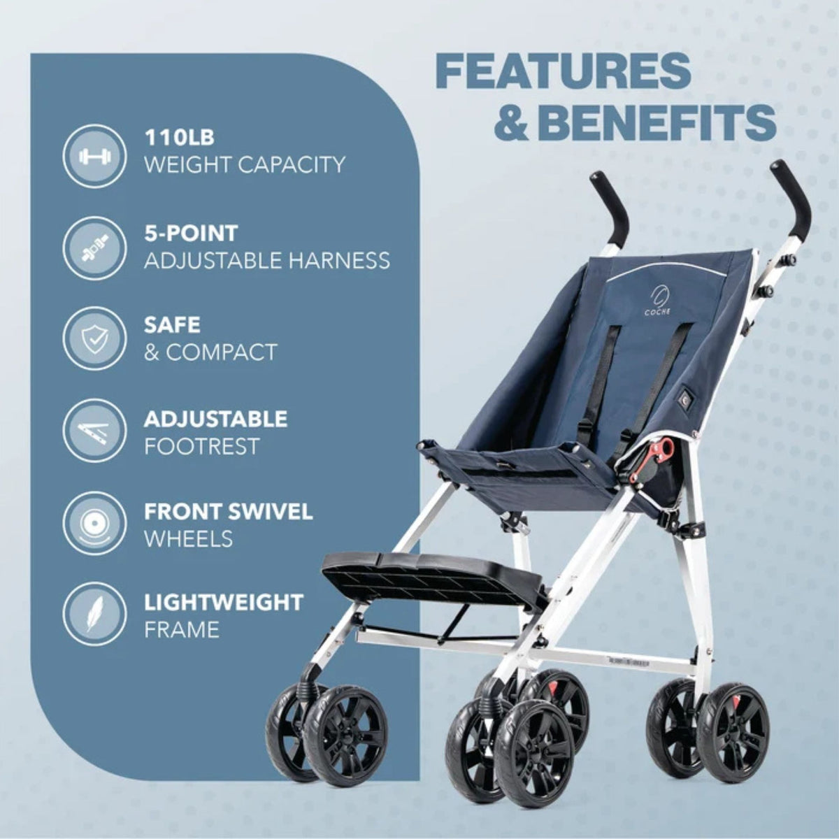 Blue Coche special needs stroller with callouts for 110 lb capacity, 5-point harness, adjustable footrest, and swivel wheels