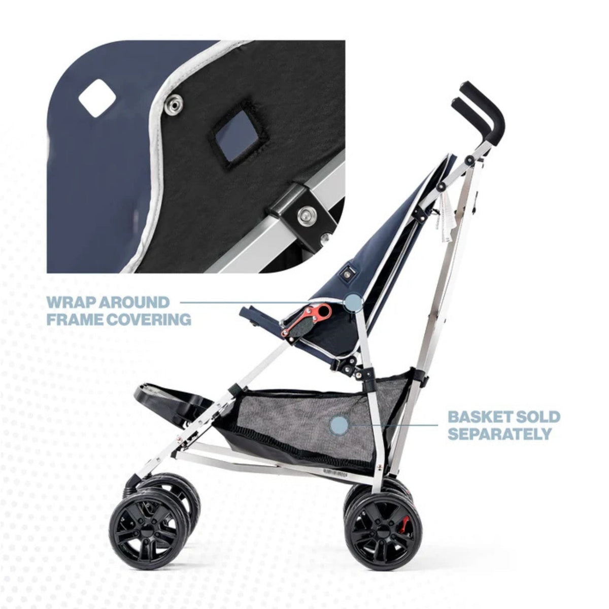 Side view of a blue Coche special needs stroller showing the wrap-around frame covering; basket sold separately