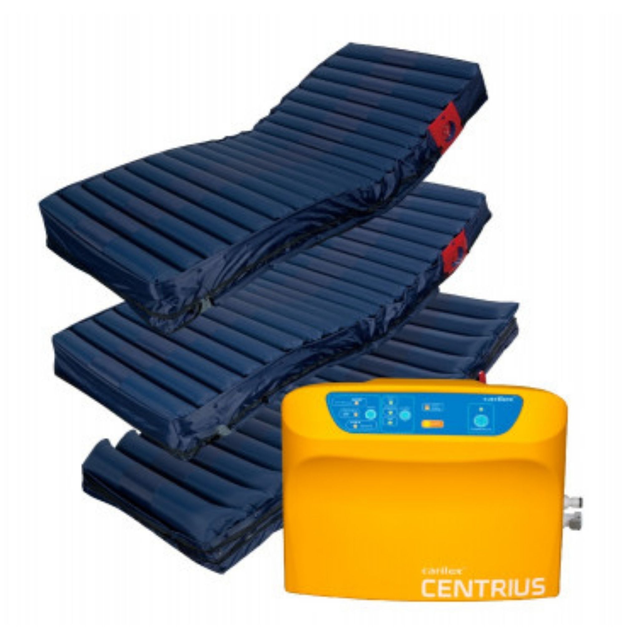 Carilex Centrius alternating pressure air mattress system with multiple air cell mattresses and yellow pump unit, designed for pressure redistribution and patient support