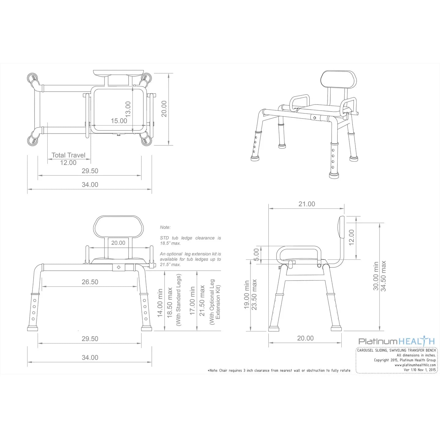 The Original Carousel Sliding Transfer Shower Bath Bench with Swivel Seat