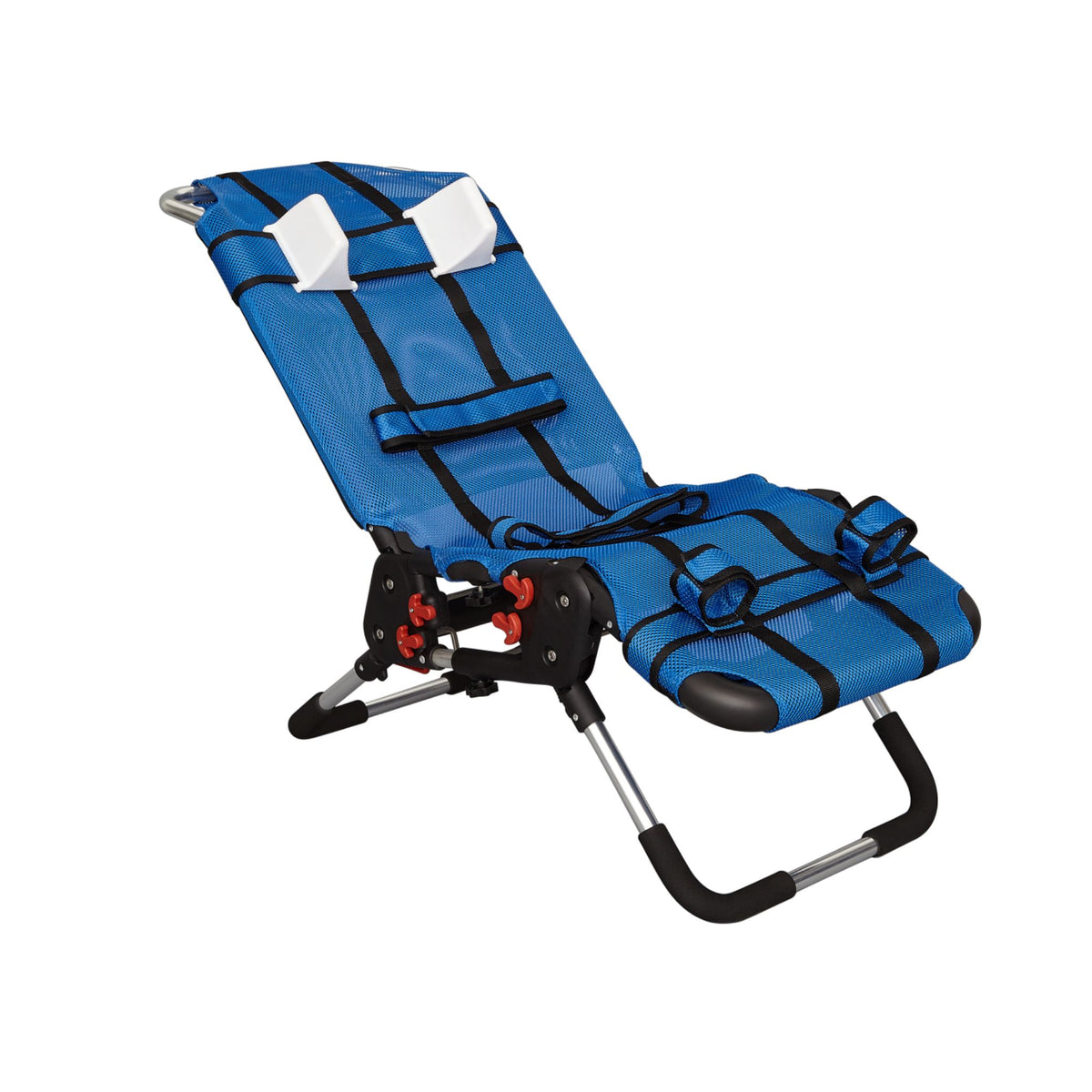 Anchor bath chair with blue breathable mesh, white head supports, trunk, pelvic, and leg positioning straps, and a foldable aluminum frame with rubber-tipped legs.