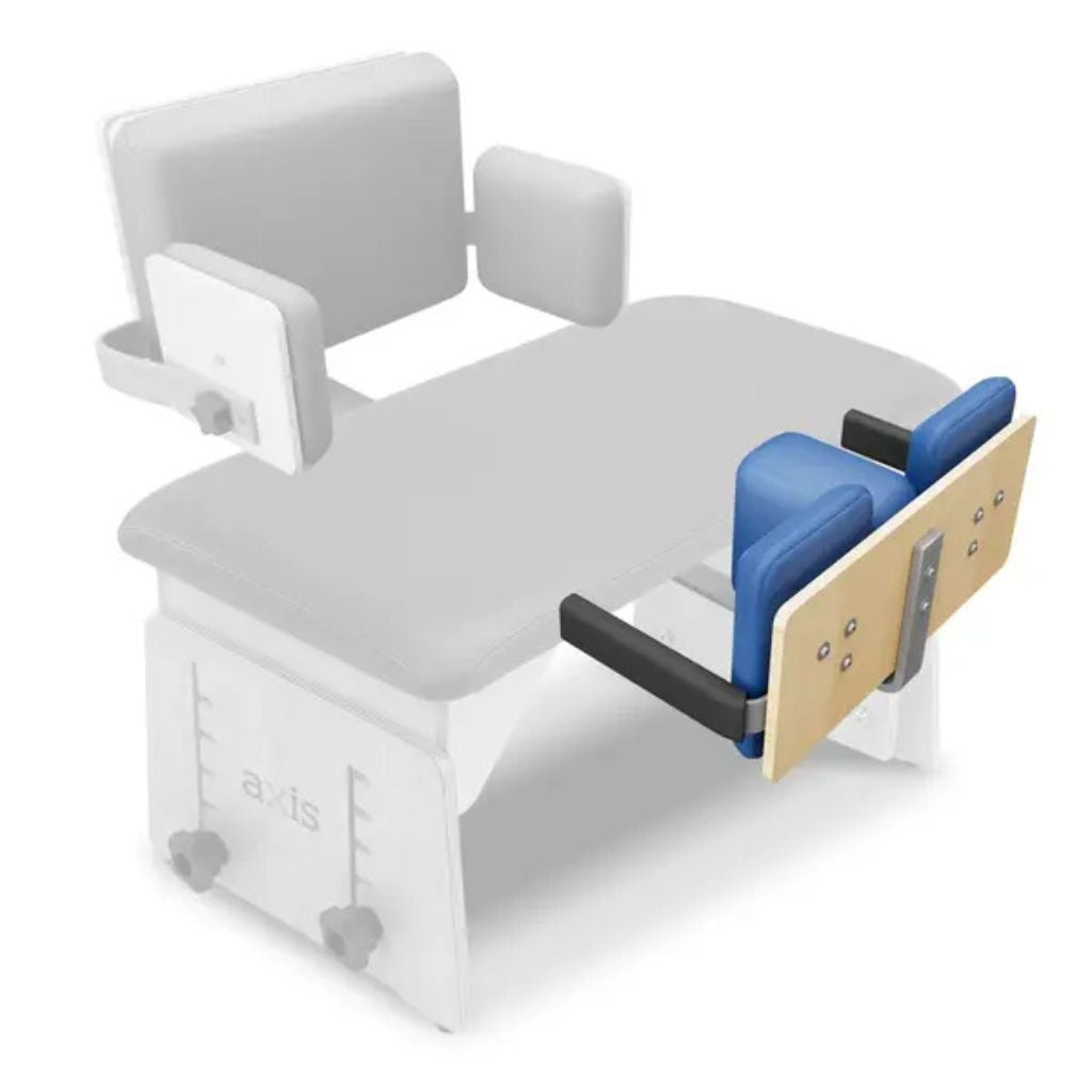 Circle Specialty Axis knee blocks with abductor mounted on the Axis therapy bench, rear view