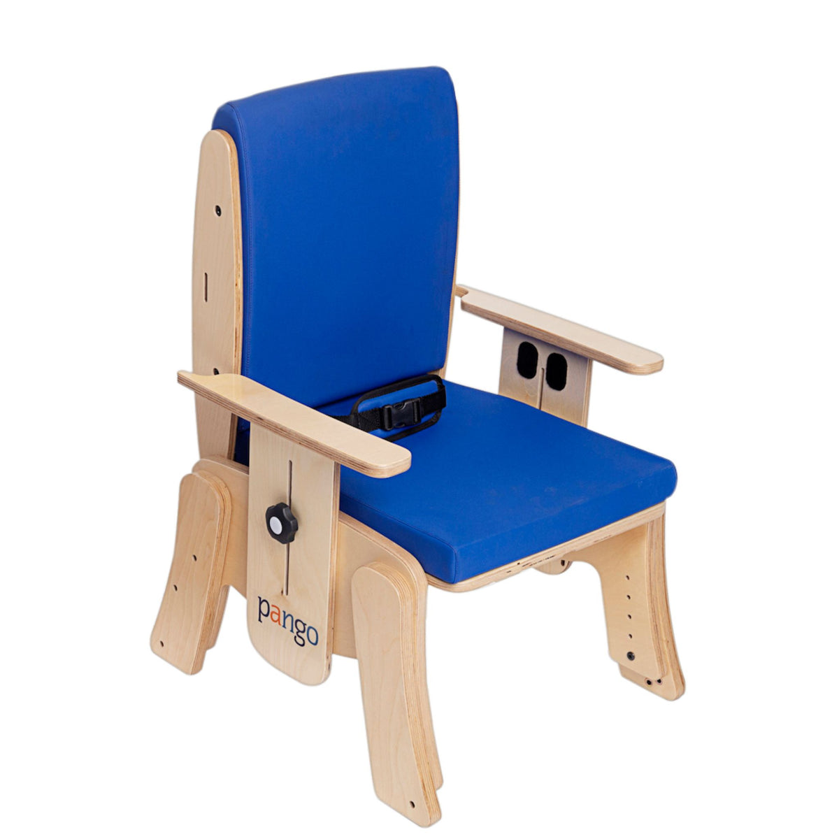 Circle Specialty Pango school chair with blue cushioned seat and back, wooden frame, armrests, and padded pelvic belt