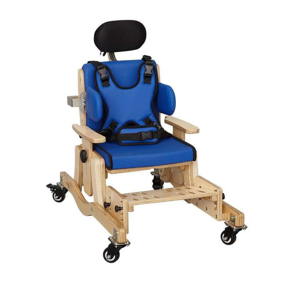 Pango school chair with optional headrest, trunk harness, laterals, footrest, and stabilizer base with wheels