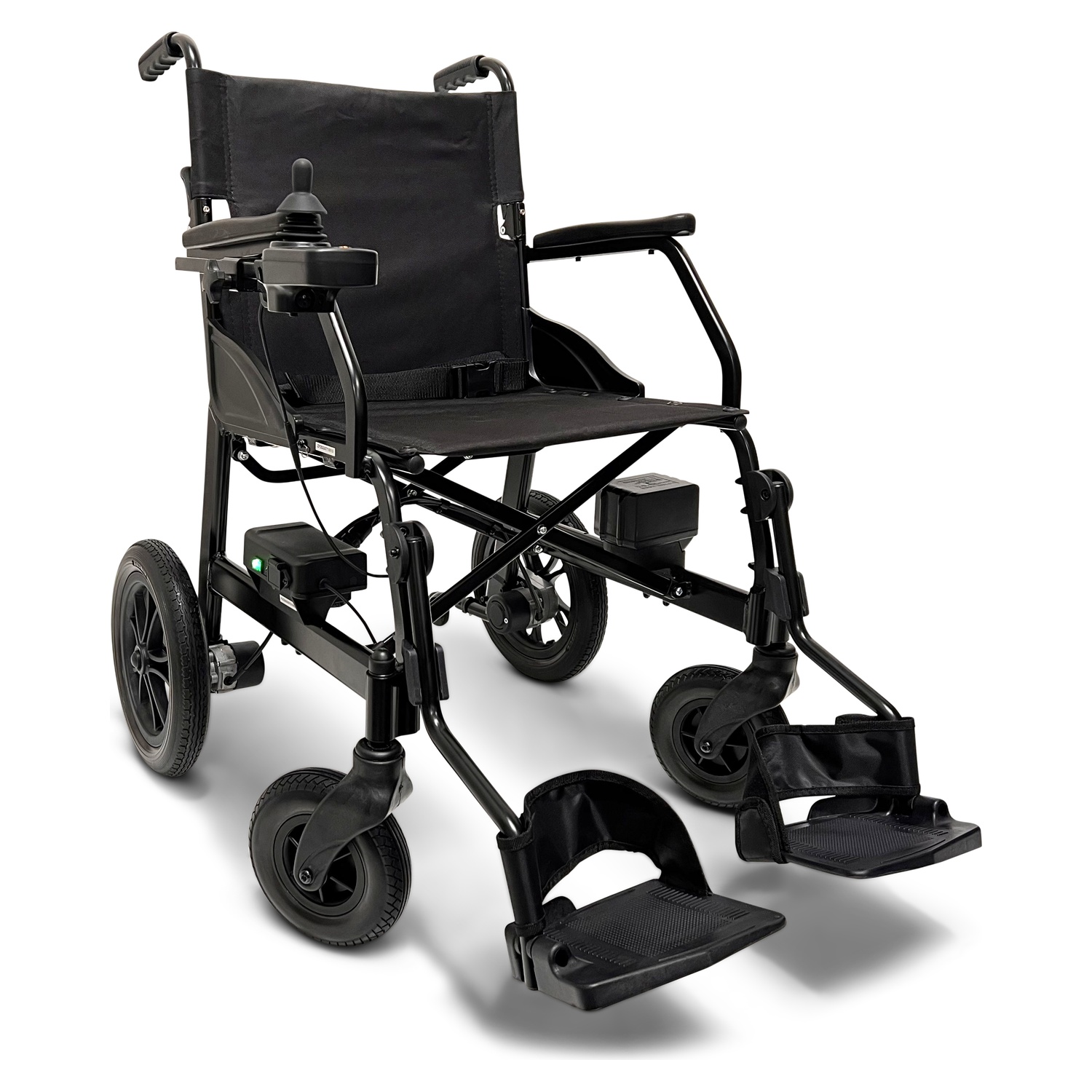Ultra lightweight electric wheelchair with joystick controls and folding frame, black