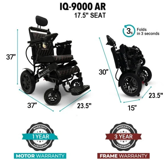ComfyGO Majestic IQ-9000 AR 17.5-inch seat infographic with open and folded dimensions, 3-second fold, and warranty