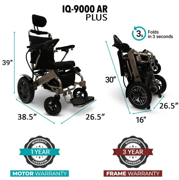 ComfyGO Majestic IQ-9000 AR Plus infographic with open and folded dimensions, 3-second fold, and warranty details