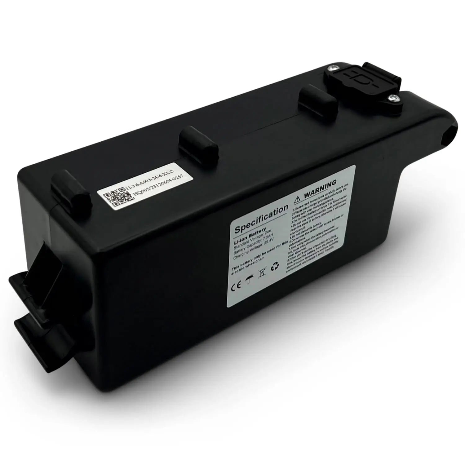 ComfyGO Majestic IQ-9000 removable 24V 7.5Ah lithium-ion wheelchair battery with specification and warning label