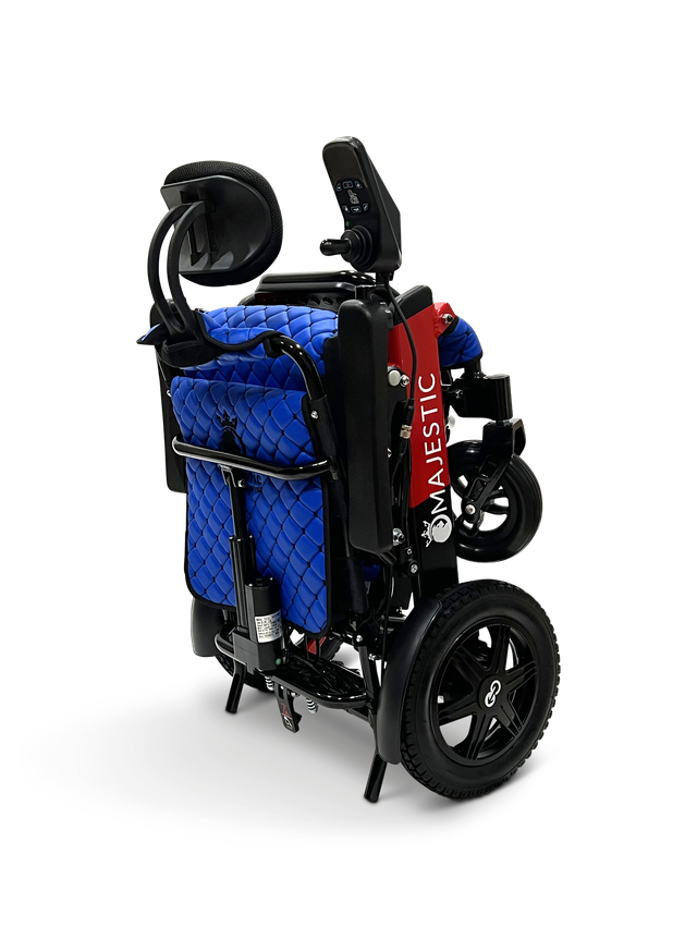 ComfyGO Majestic IQ-9000 electric wheelchair folded upright in blue upholstery for compact travel and storage
