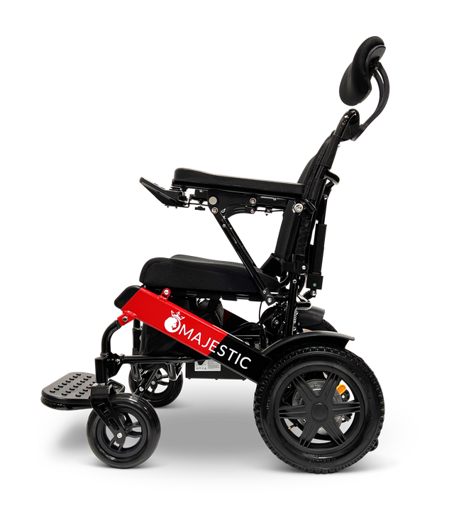 ComfyGO Majestic IQ-9000 electric wheelchair side view upright with black upholstery, red frame, and headrest