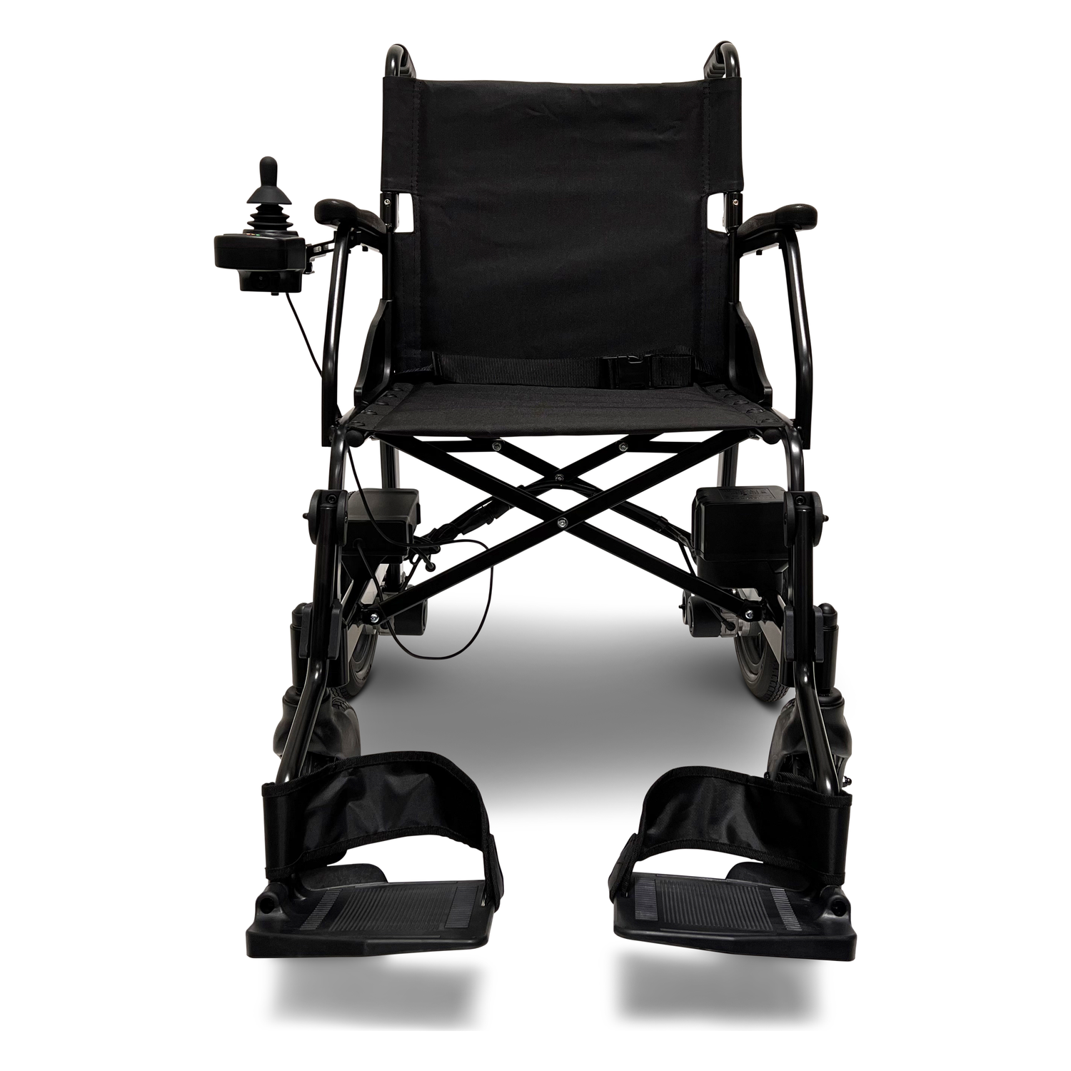Front view of an ultra lightweight electric wheelchair with joystick controls and footrests