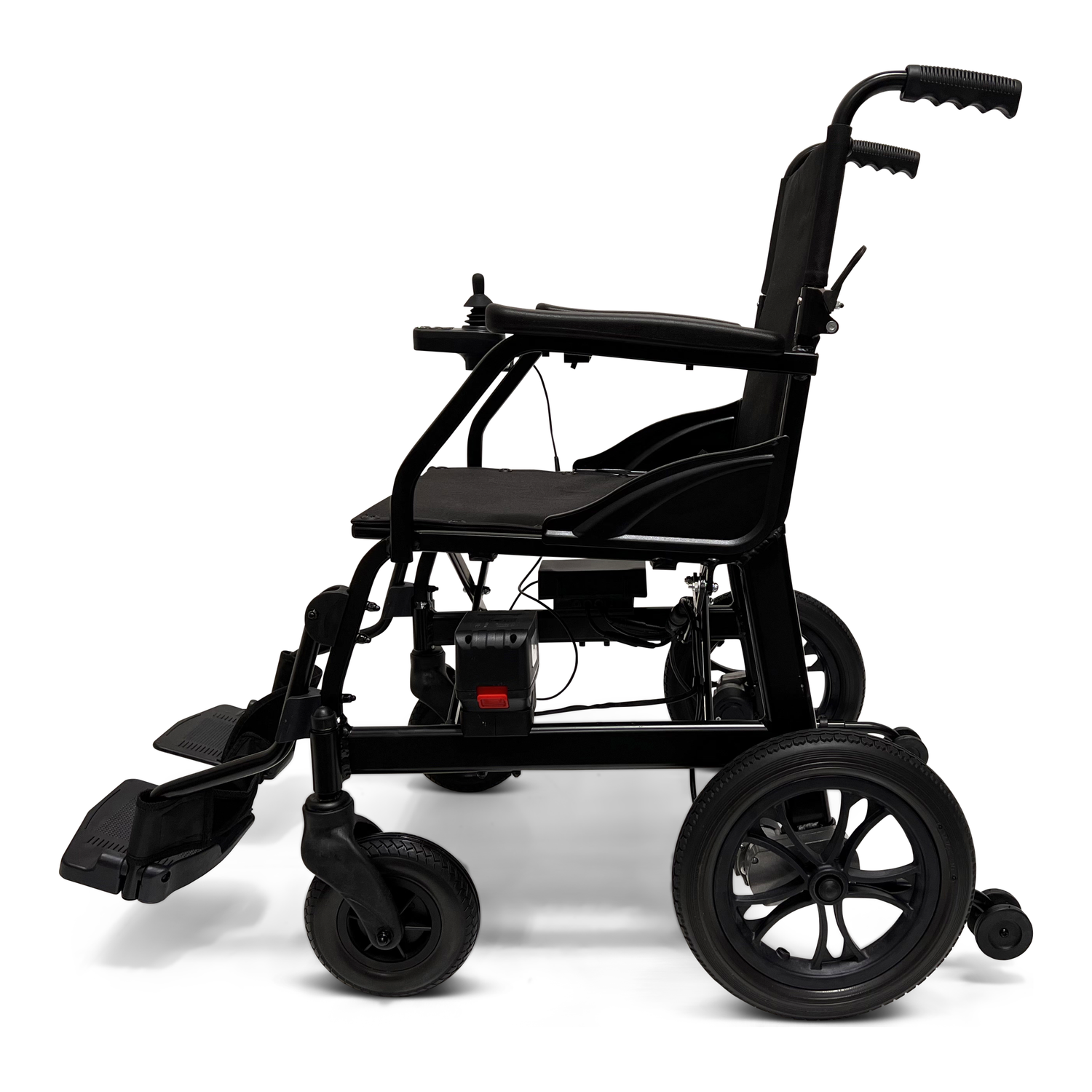 Ultra lightweight electric wheelchair with black frame and compact wheels, side view