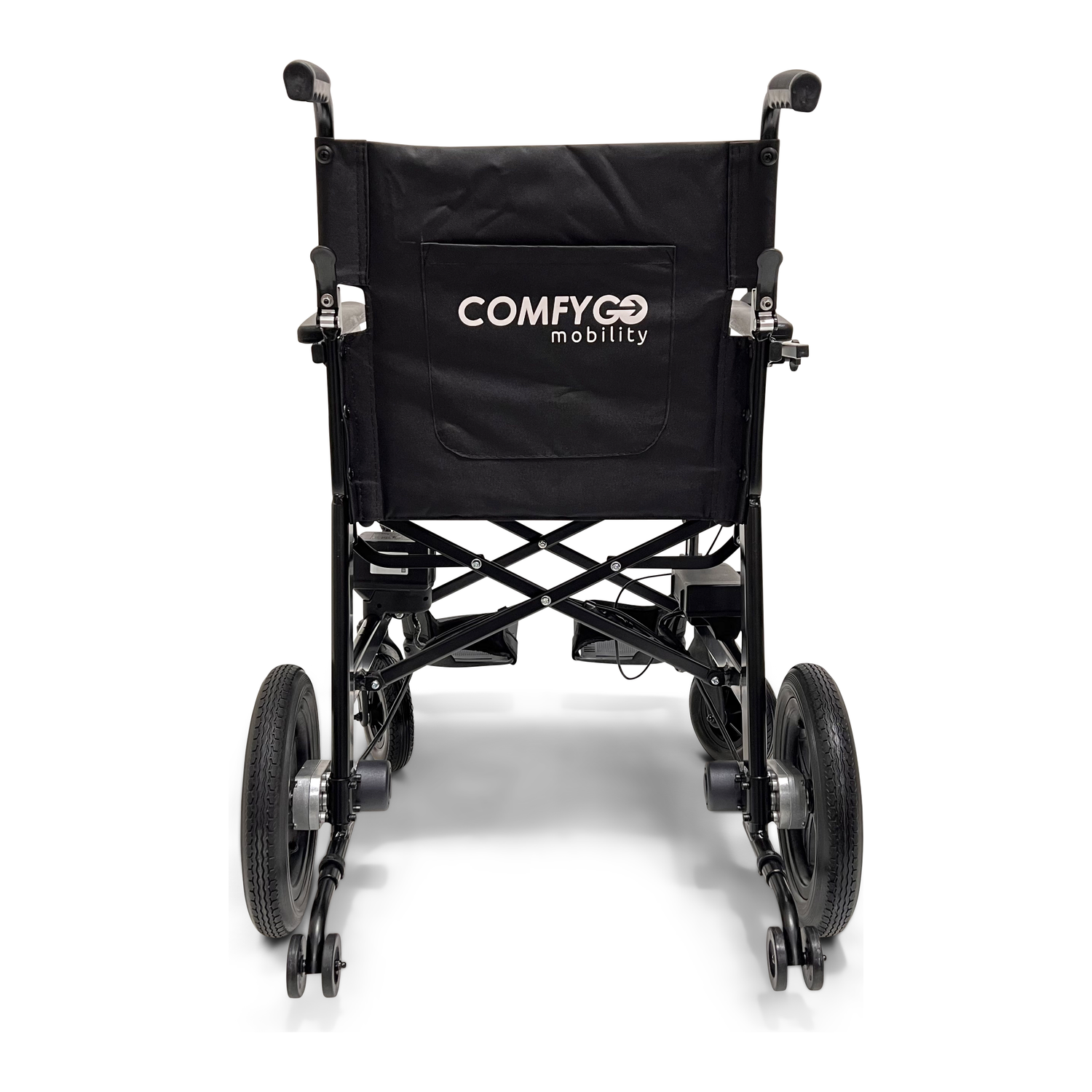 Rear view of a lightweight electric folding wheelchair with large rear wheels on white background.