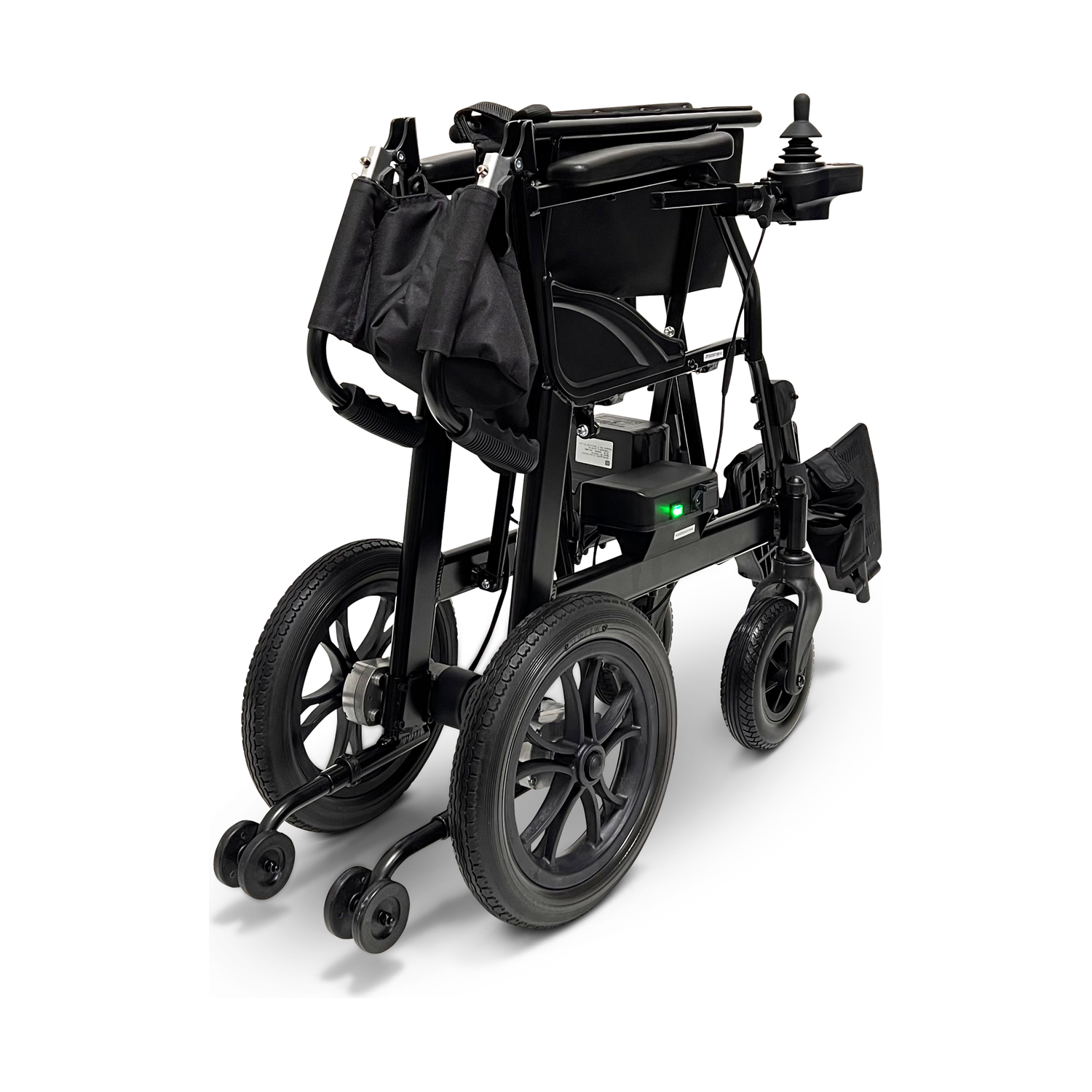 Folded ultra lightweight electric wheelchair with joystick, black frame and large wheels