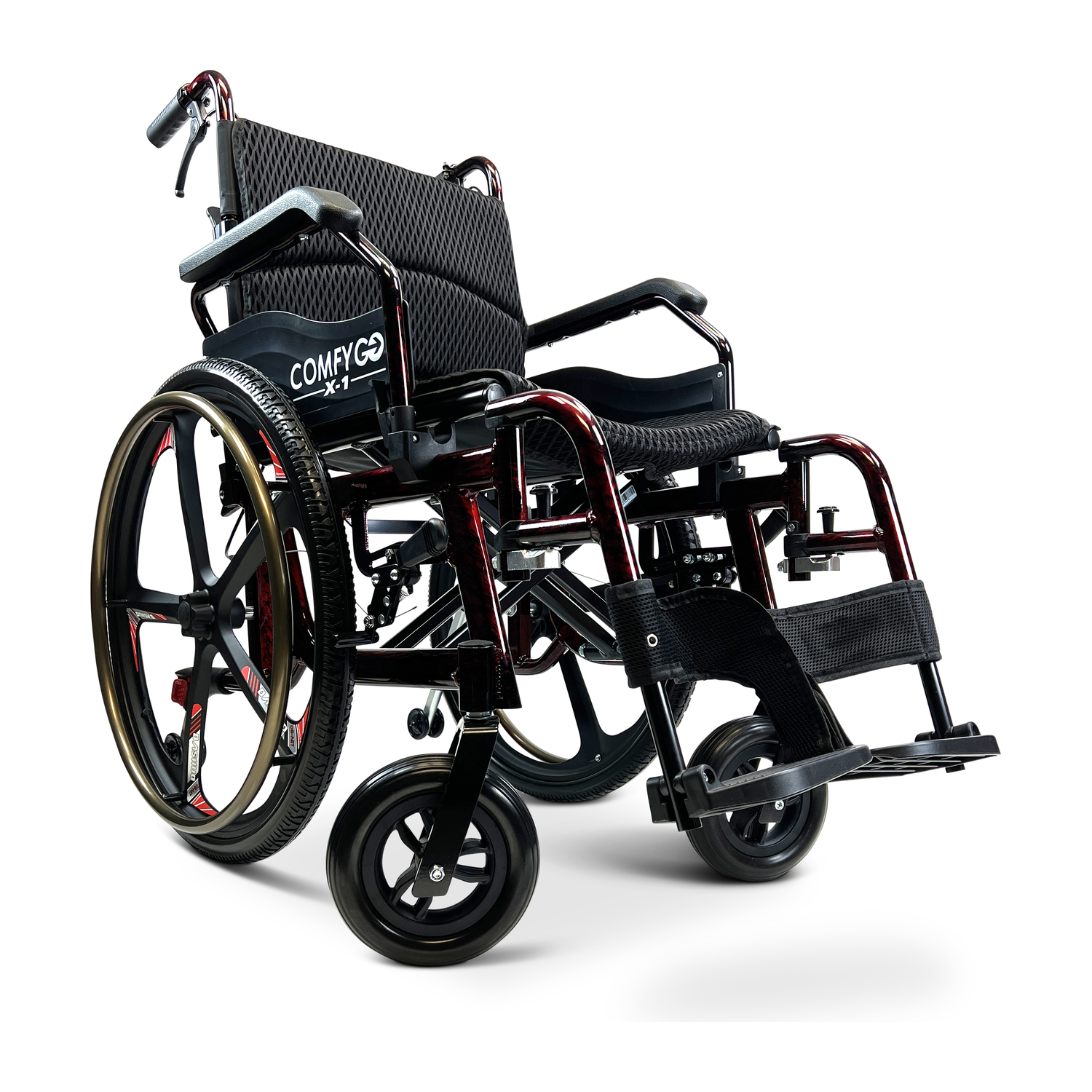 Lightweight manual wheelchair with black seat, large rear wheels, and footrests