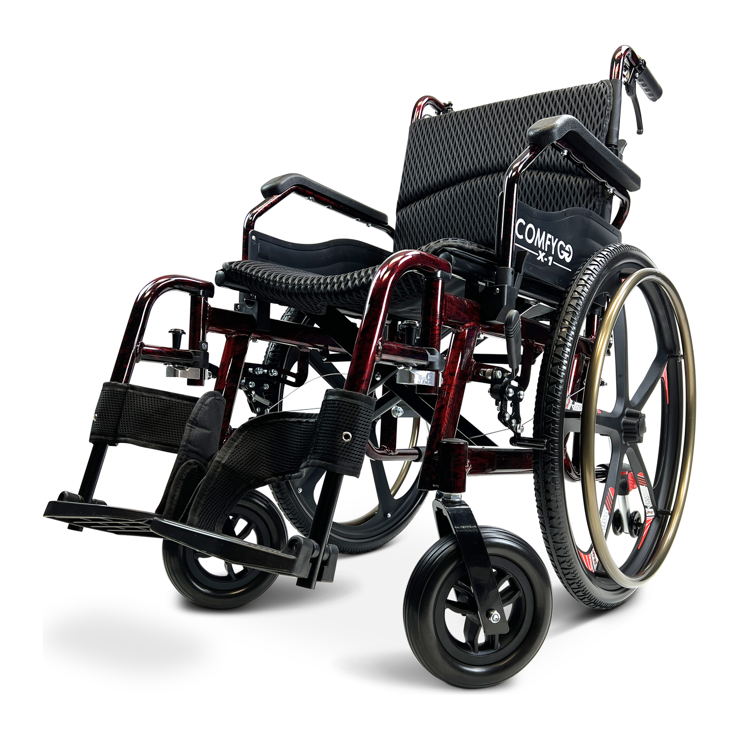 Lightweight folding wheelchair with black cushioned seat and ergonomic armrests