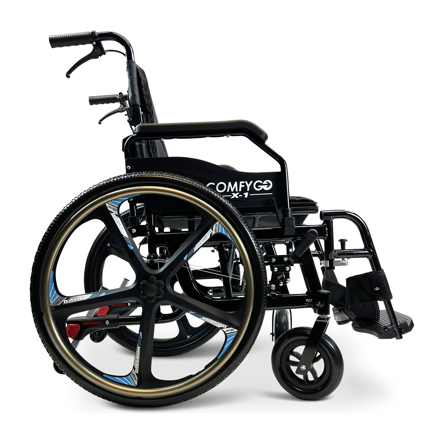 Lightweight manual wheelchair with large black wheels and foldable design, side view.