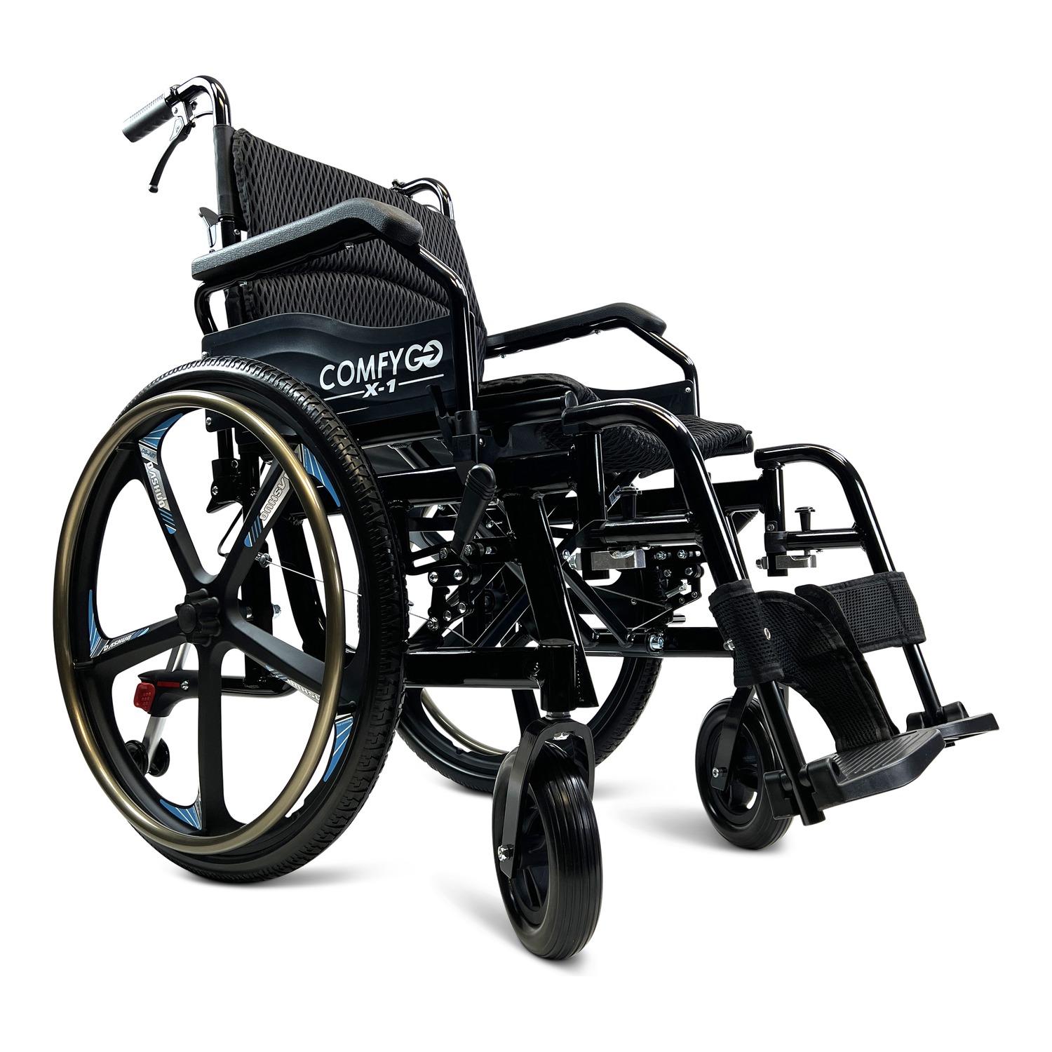Lightweight manual wheelchair with black frame, large rear wheels, and footrests, side view