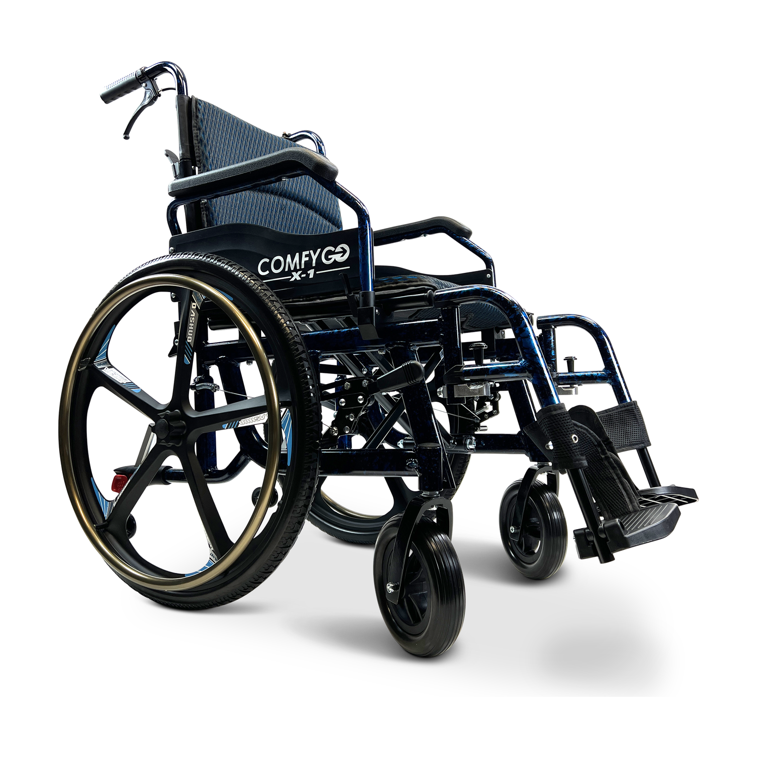Lightweight manual wheelchair with large rear wheels and foldable footrests