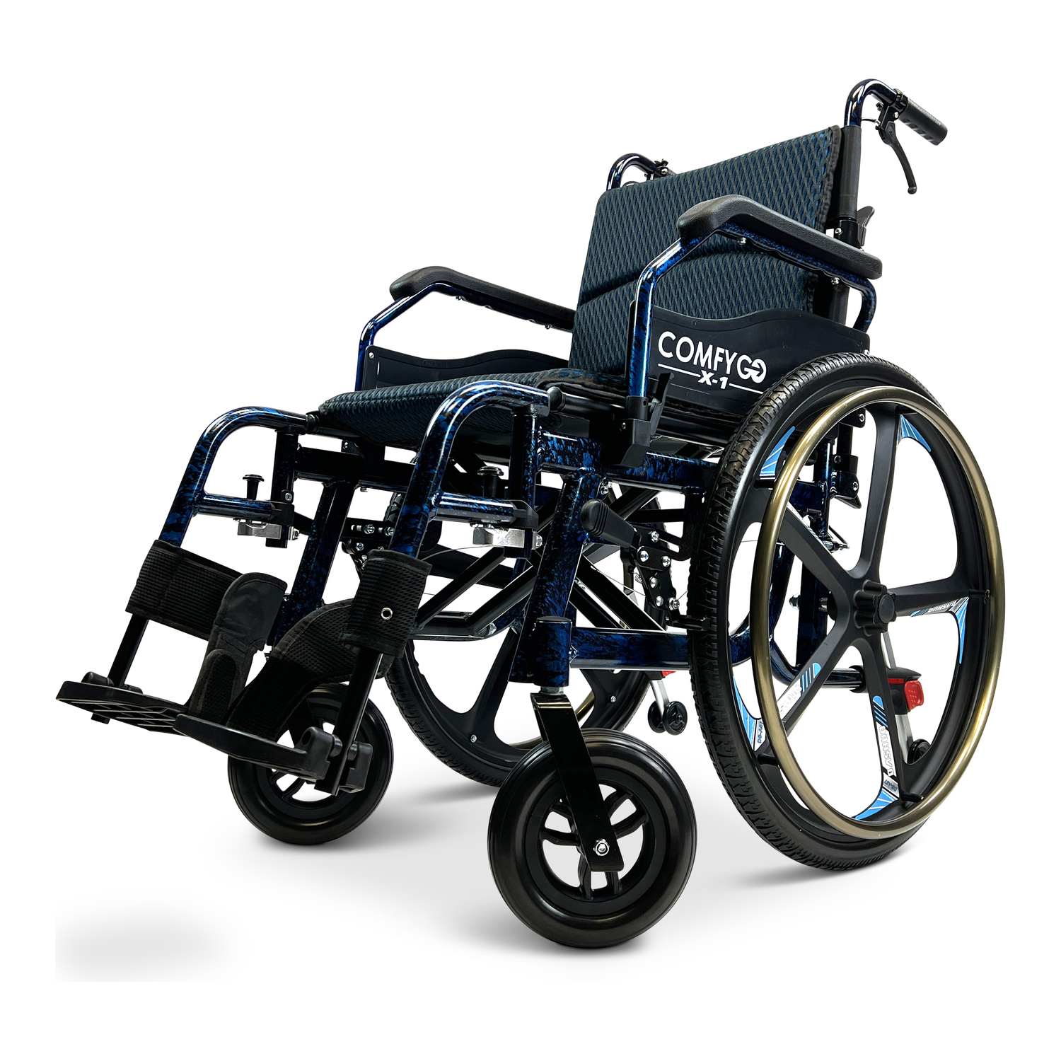 Lightweight manual wheelchair with large rear wheels, padded seat, and footrests