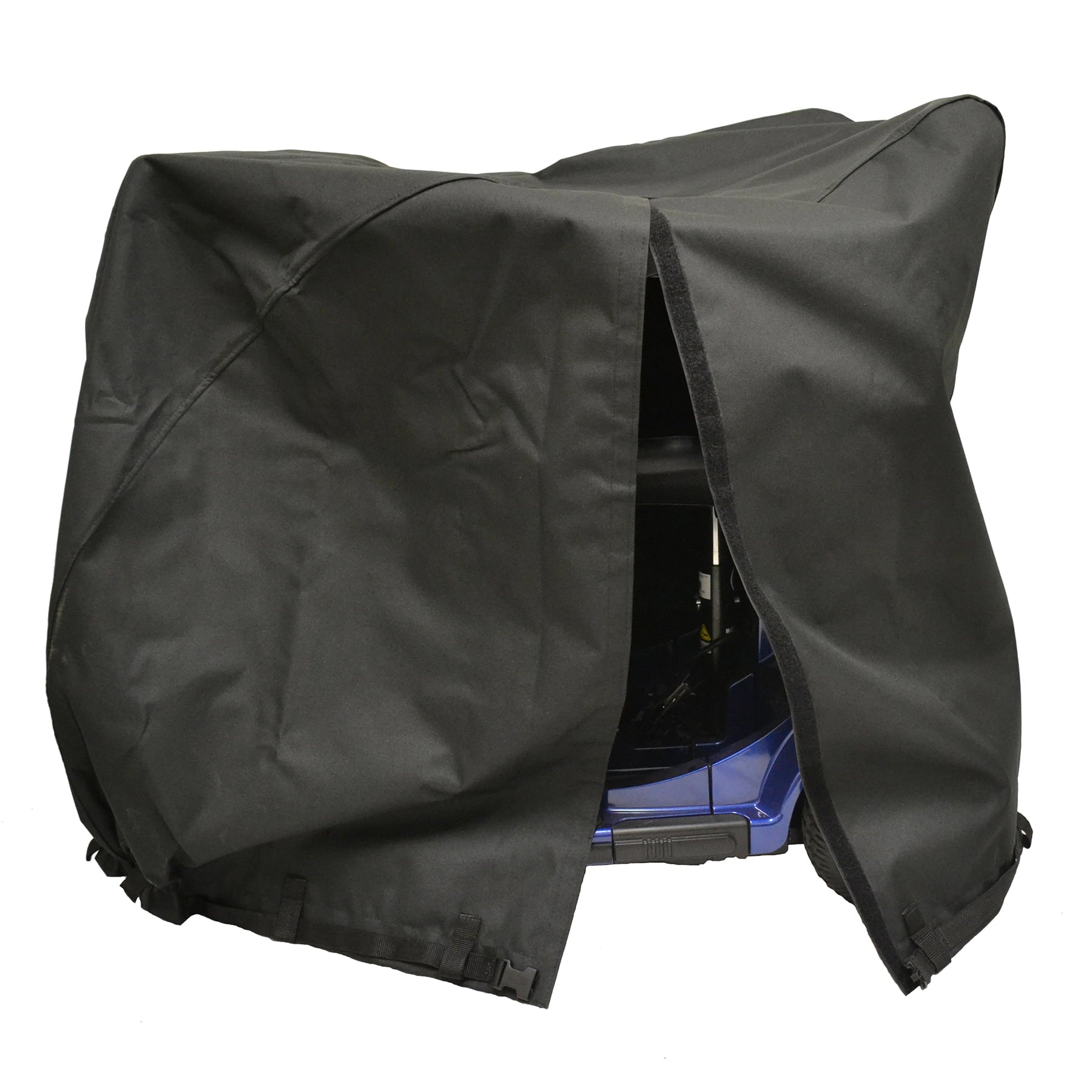 Diestco back slit scooter cover on a blue mobility scooter with the full-length back slit open for docking hardware