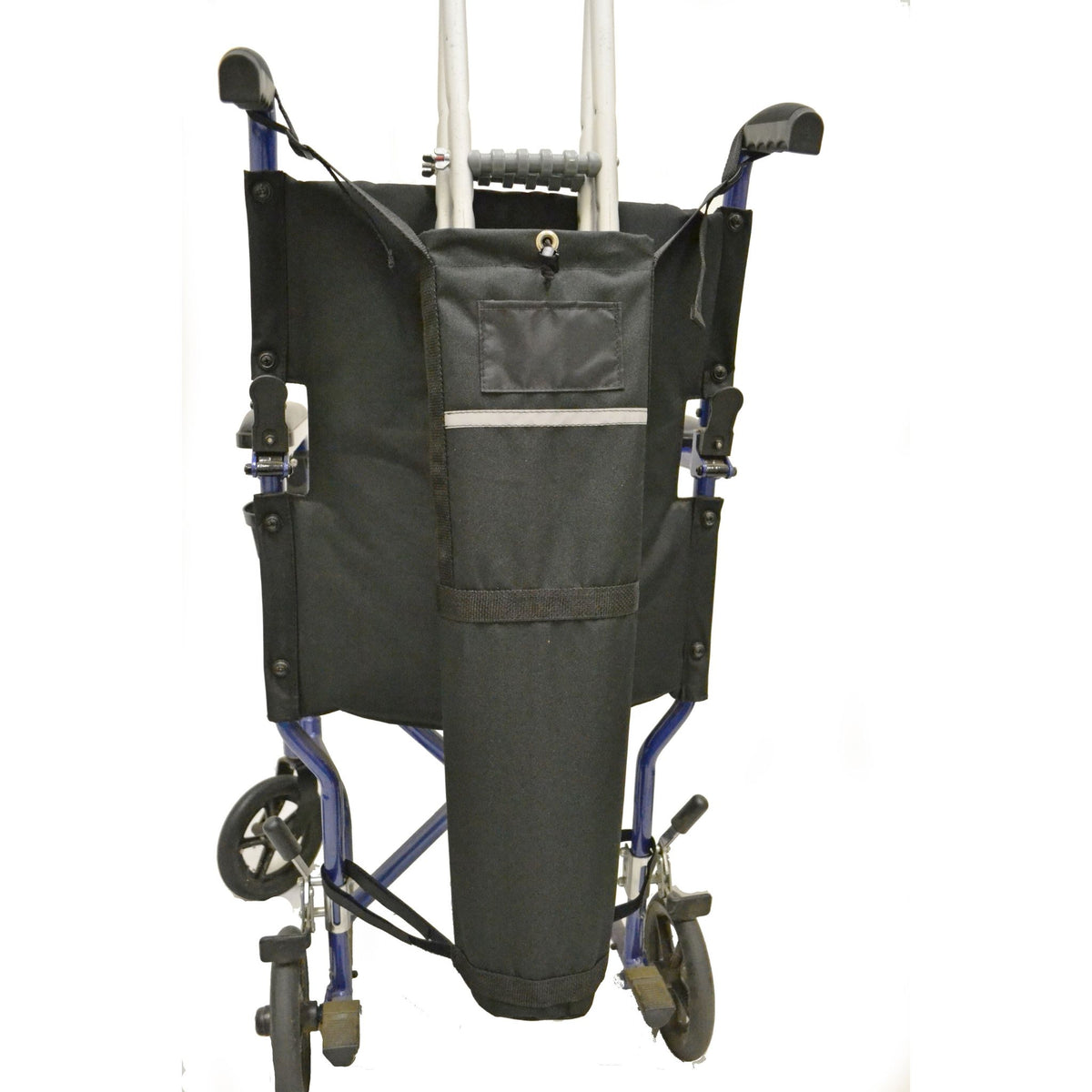 Diestco Crutch Holder looped around the push handles of a transport wheelchair, carrying a pair of crutches upright behind the seatback with reflective strip